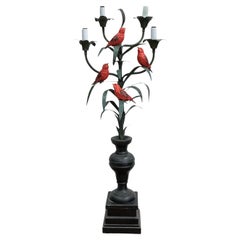 Antique French Tole Metal & Wood Table Lamp / Candelabra W/ Red Birds - 4 Arm