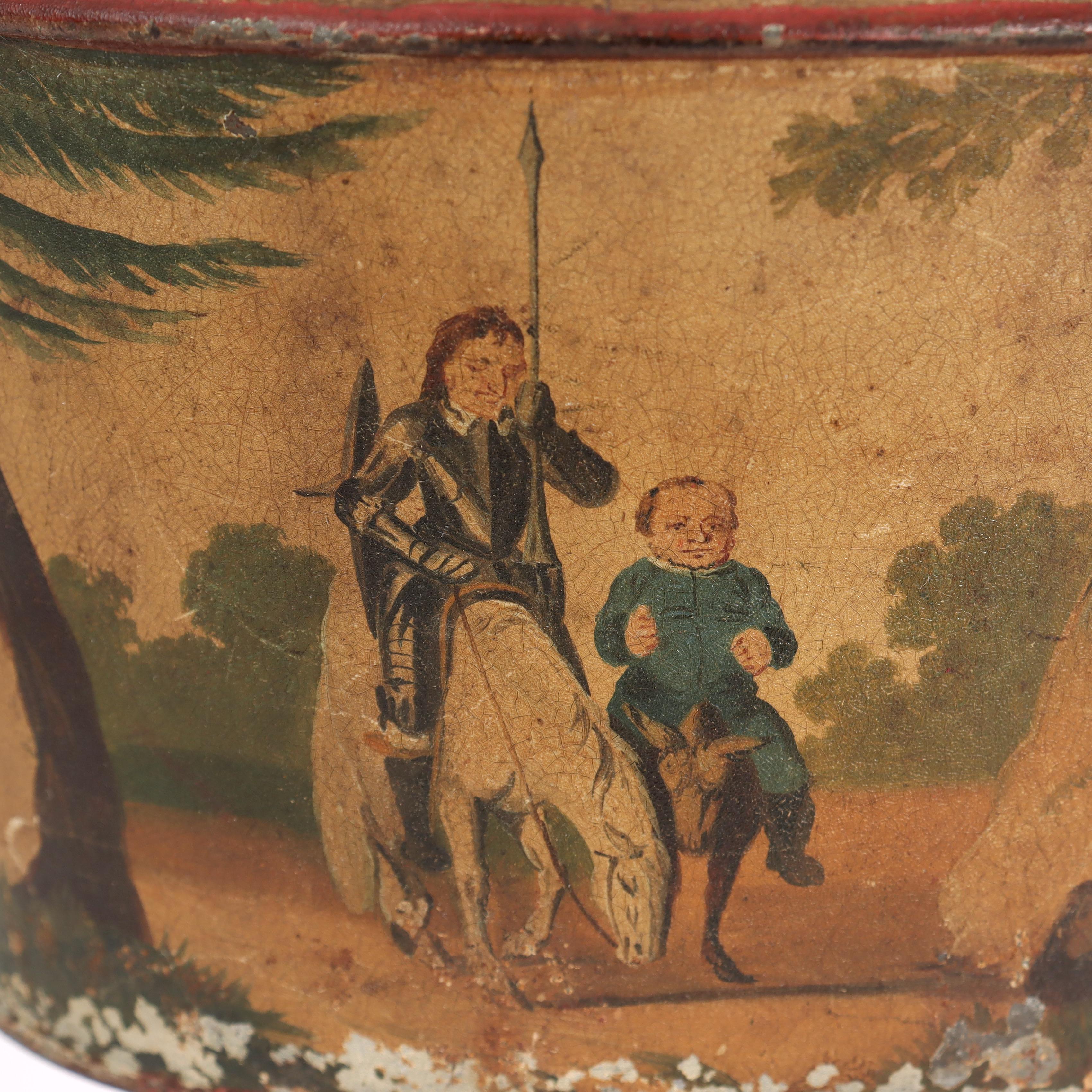 Antique French Toleware Cachepot or Planter Painted with a Don Quixote Scene For Sale 1