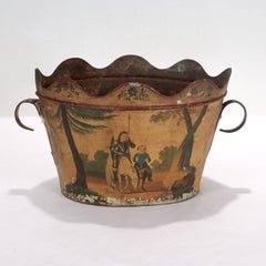 Antique French Toleware Cachepot or Planter Painted with a Don Quixote Scene