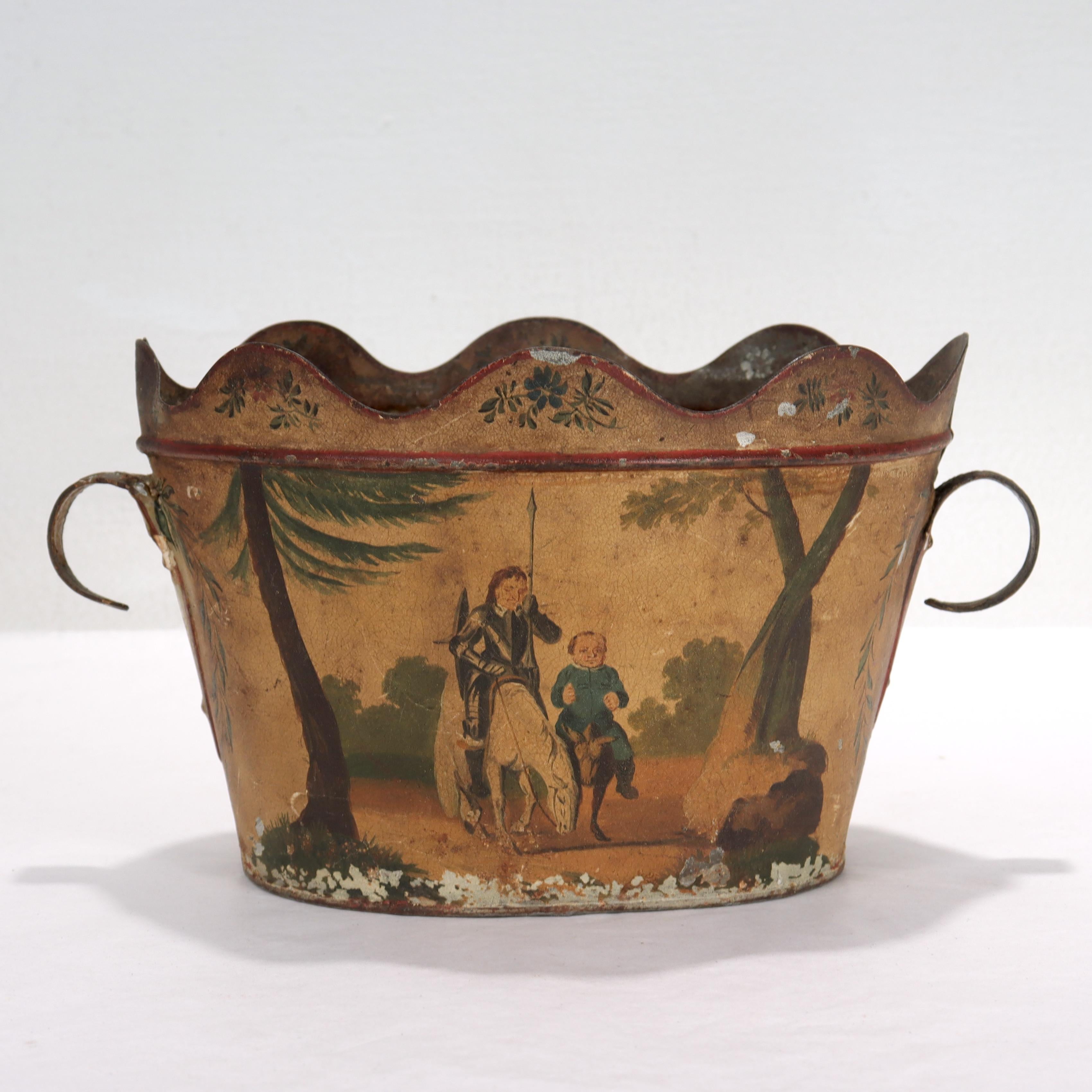 Néo-empire Cache pot ou jardinière ancienne en faïence peinte d'une scène de Don Quichotte en vente