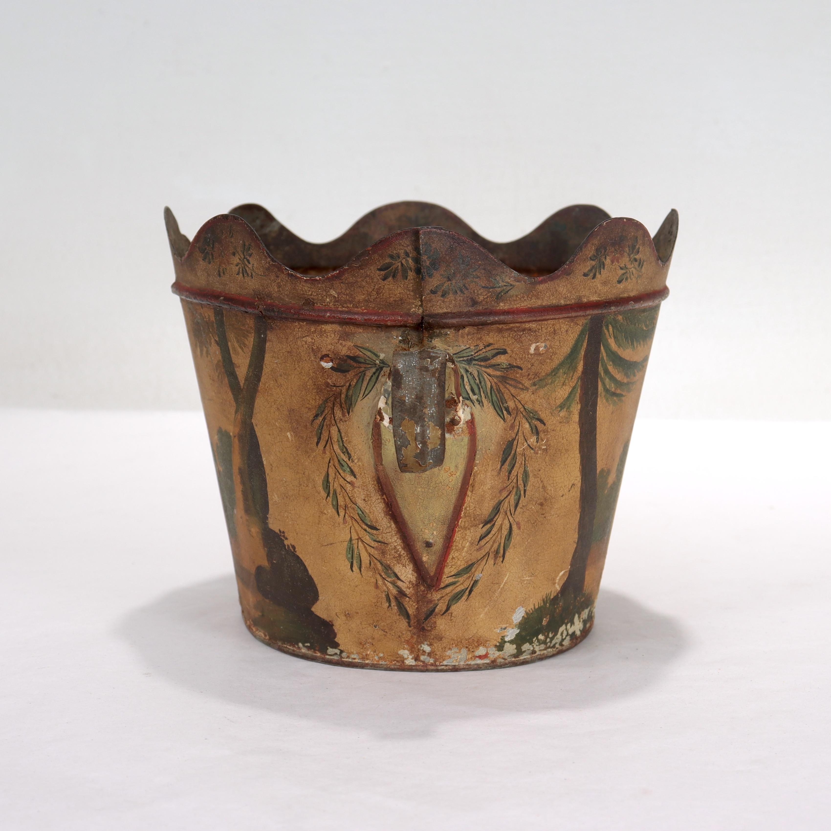 Empire Revival Antique French Toleware Cachepot or Planter Painted with a Don Quixote Scene For Sale