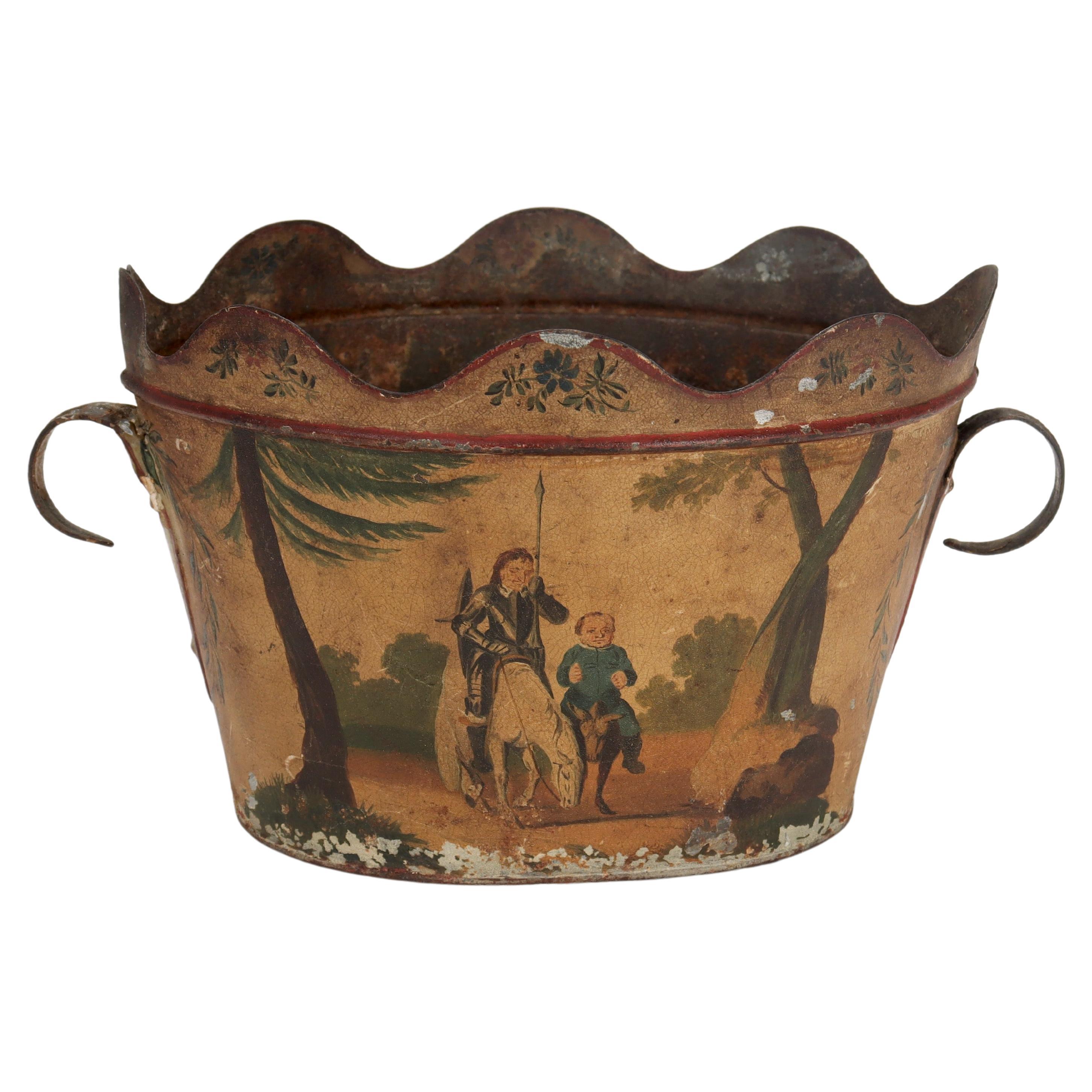 Antique French Toleware Cachepot or Planter Painted with a Don Quixote Scene For Sale