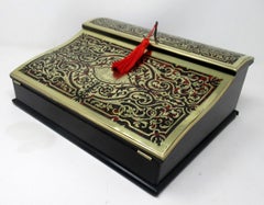 Antique French Brass Inlaid  Mahogany Writing Slope Box 19Ct