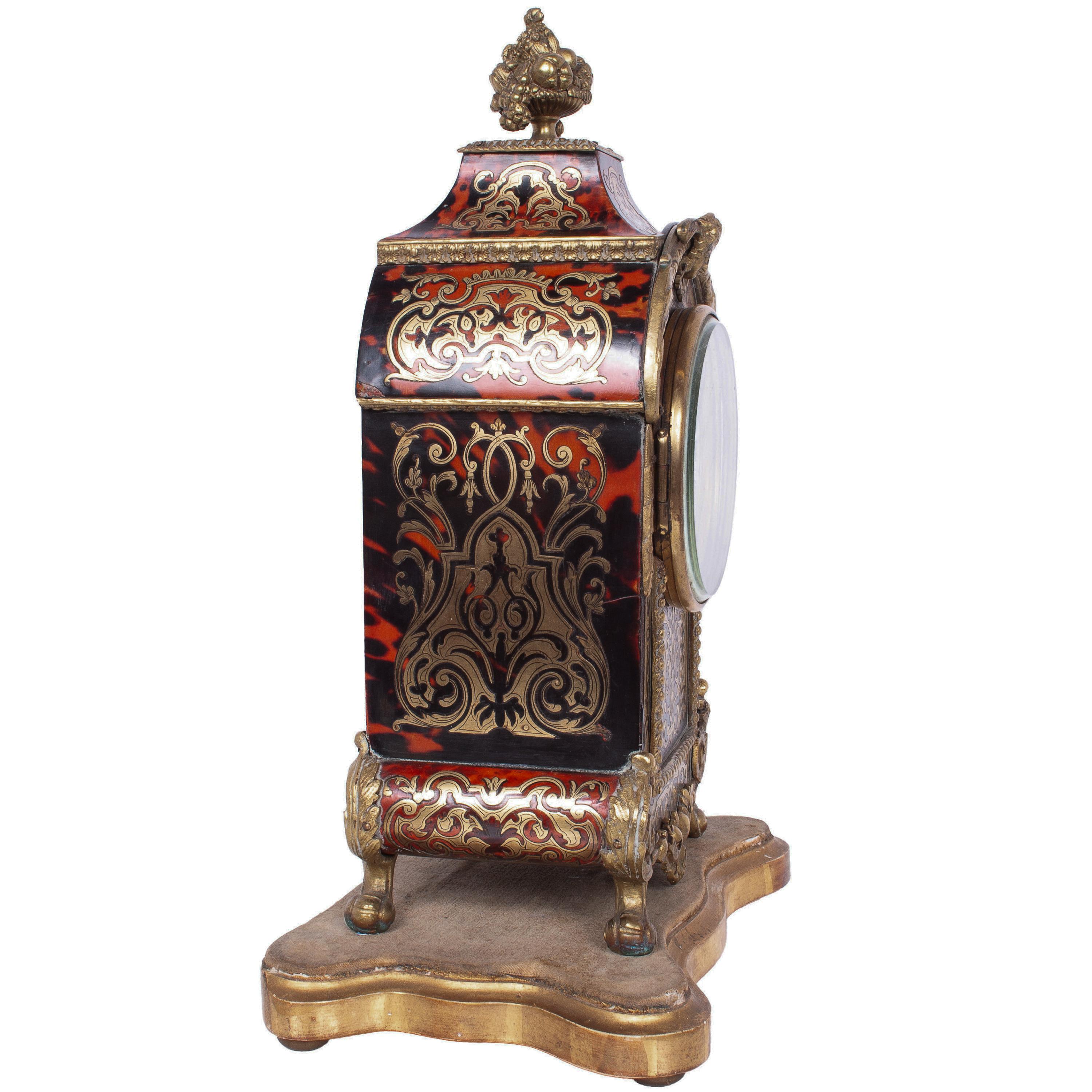 Inlay Antique French Tortoiseshell & Brass Inlaid Boulle Ormolu 8 Day Clock Paris 1880 For Sale