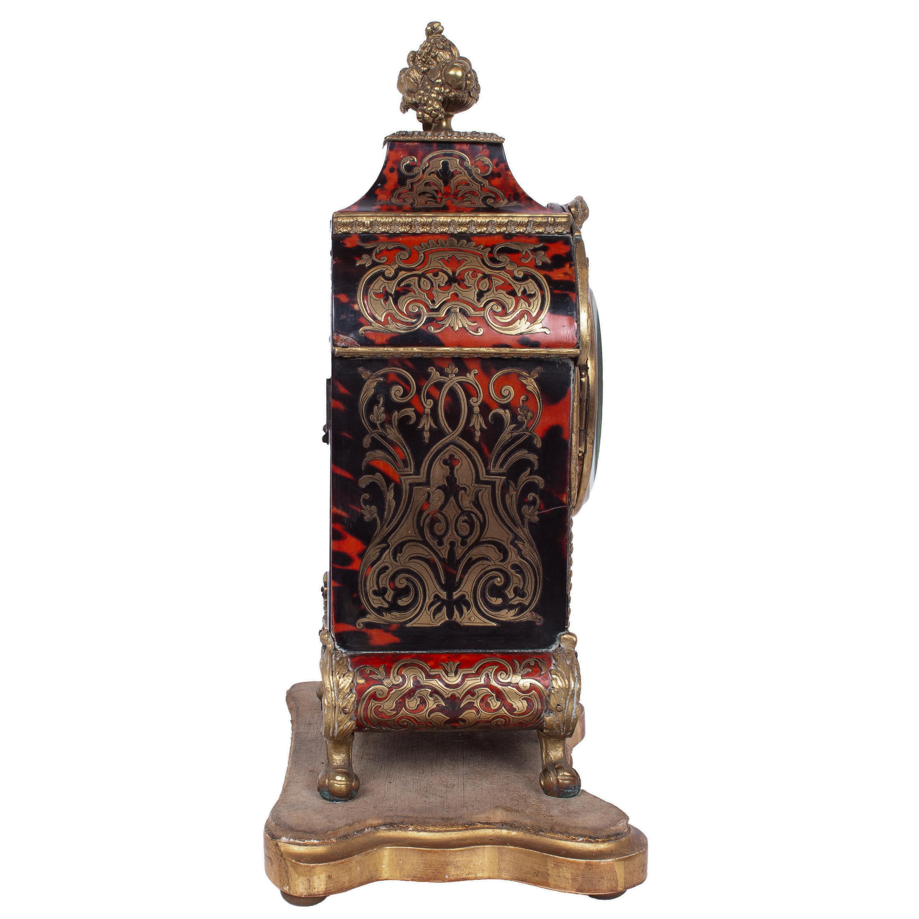 Antique French Tortoiseshell & Brass Inlaid Boulle Ormolu 8 Day Clock Paris 1880 In Good Condition For Sale In Portland, OR