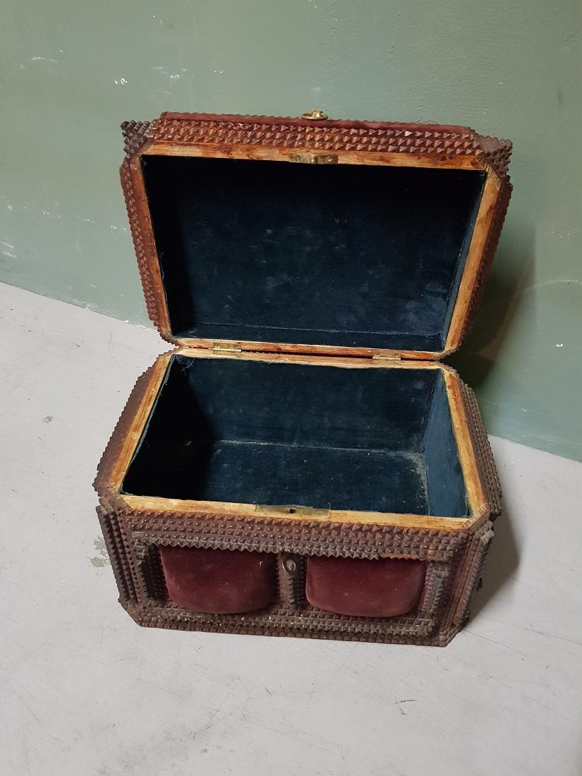 19th Century Antique French Tramp Art Bijoux Box with Key, from circa 1900 For Sale