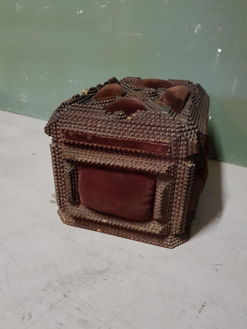 Wood Antique French Tramp Art Bijoux Box with Key, from circa 1900 For Sale