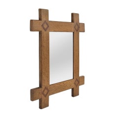 Antique French “ Tramp Art ” Wall Mirror in Natural Carved Oak Wood, circa 1920