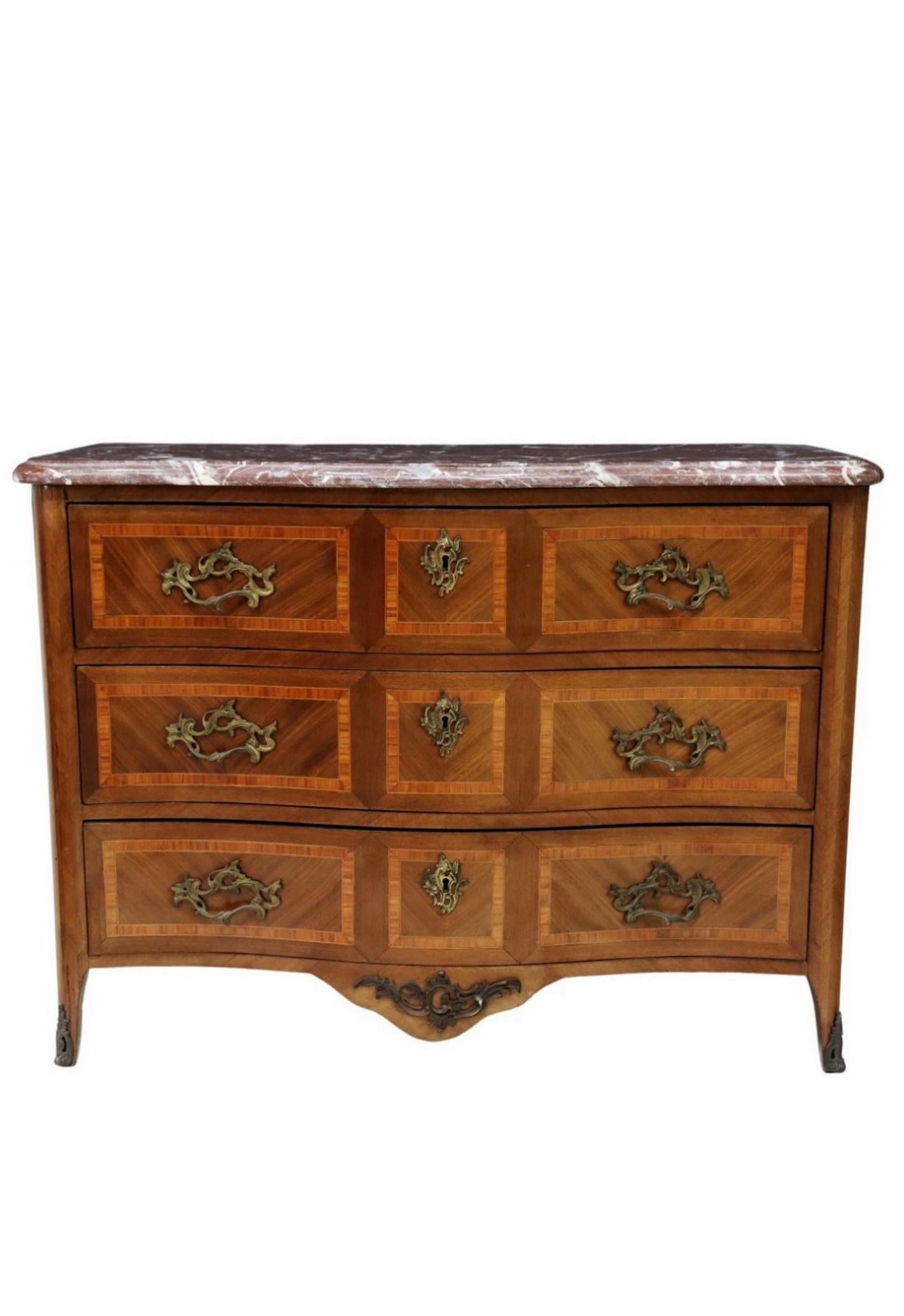 Parquetry Antique French Transitional Banded Chest Of Drawers Commode  For Sale