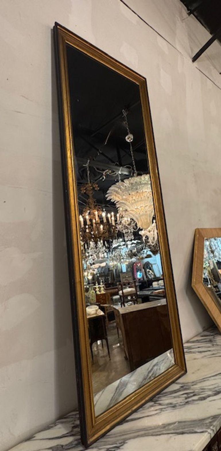 Le miroir étroit transitionnel français ancien en bois doré et noir est un ajout élégant et stylé à toute maison. Le joli design en bois doré ajoute une touche de sophistication. Parfait pour ajouter une touche de charme classique à n'importe quelle