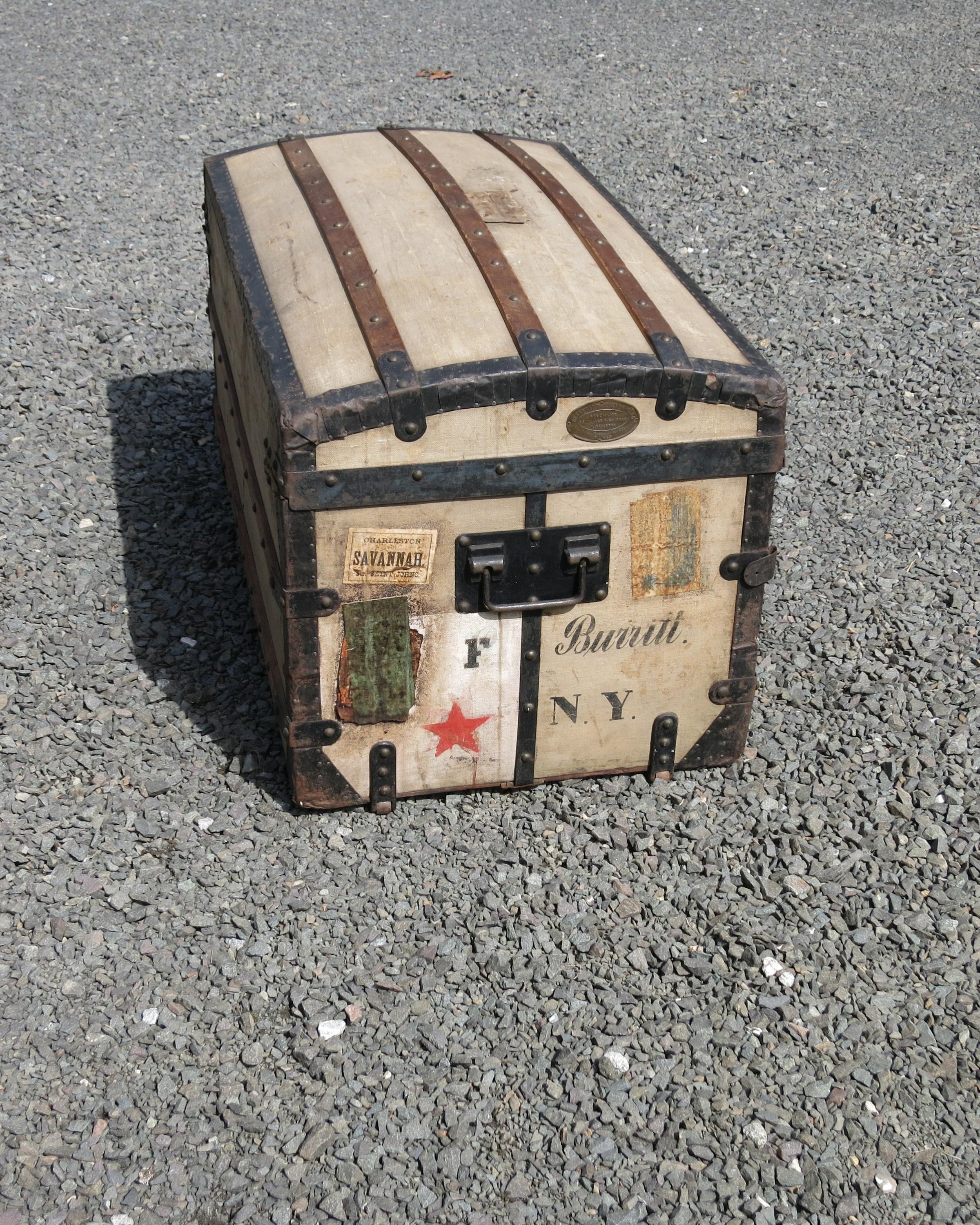 Canvas Antique French Travel Trunk For Sale