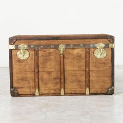 Antique French Traveling Steam Trunk of Wood, Brass, Leather and Iron