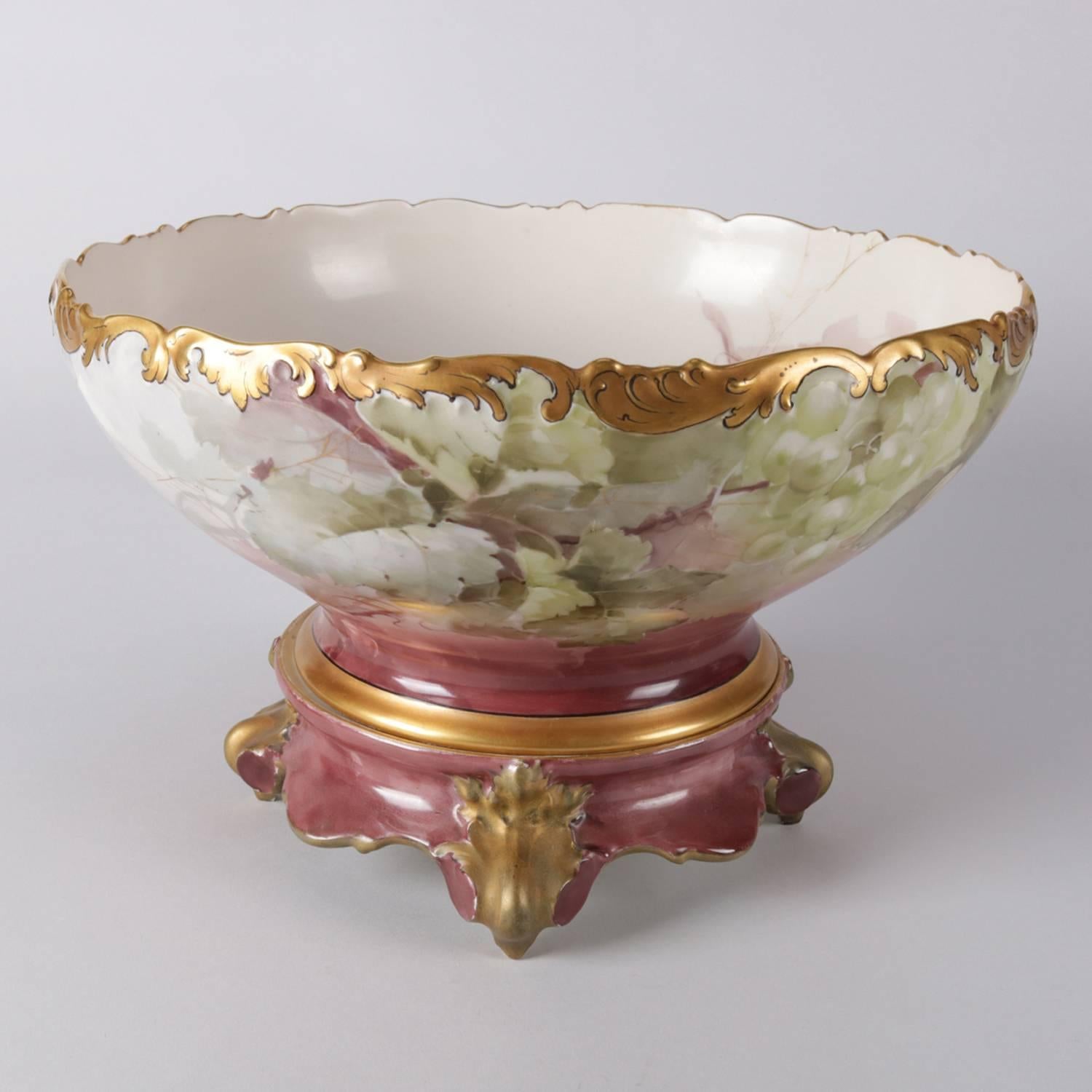 Rococo Antique French Tressemanes Vogt Hand-Painted, Gilt Limoges Porcelain Punch Bowl