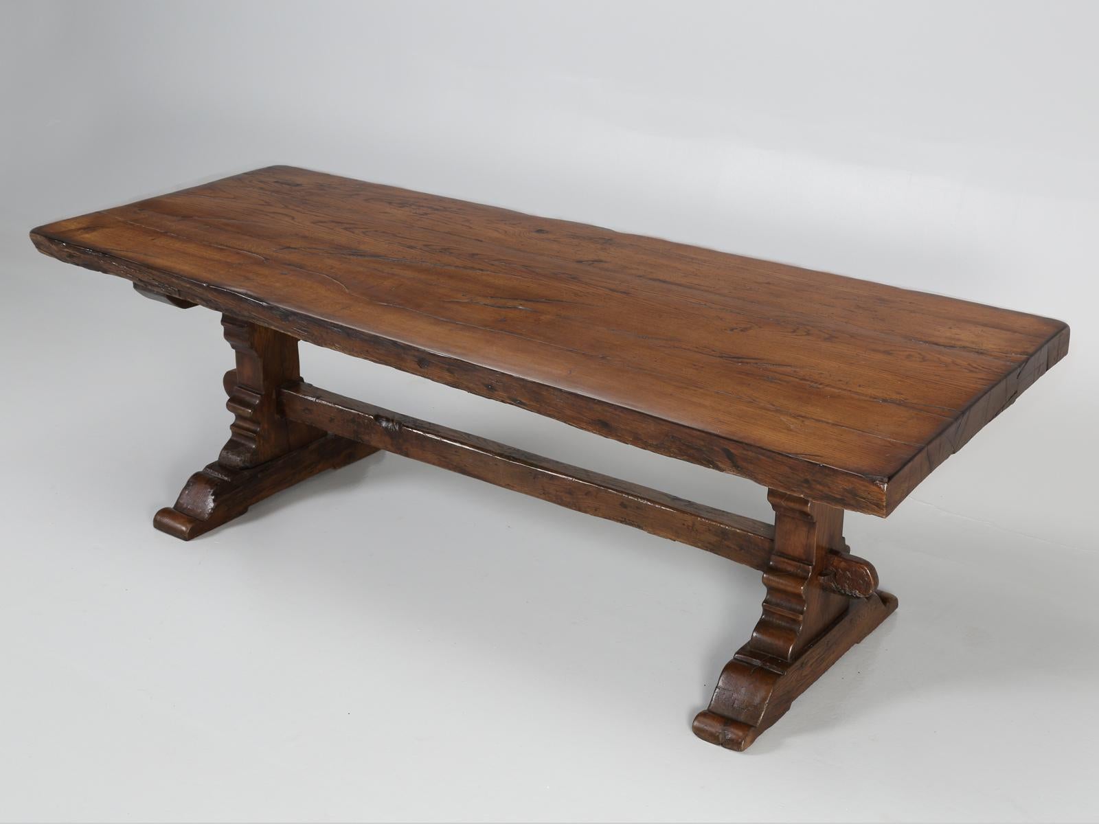 Difficult to determine, if this Antique French trestle dining table dates from the late 1700s or early 1800’s, but either way. It just exudes warmth and character, with its craftsmanship. The top of this antique French trestle dining table, was
