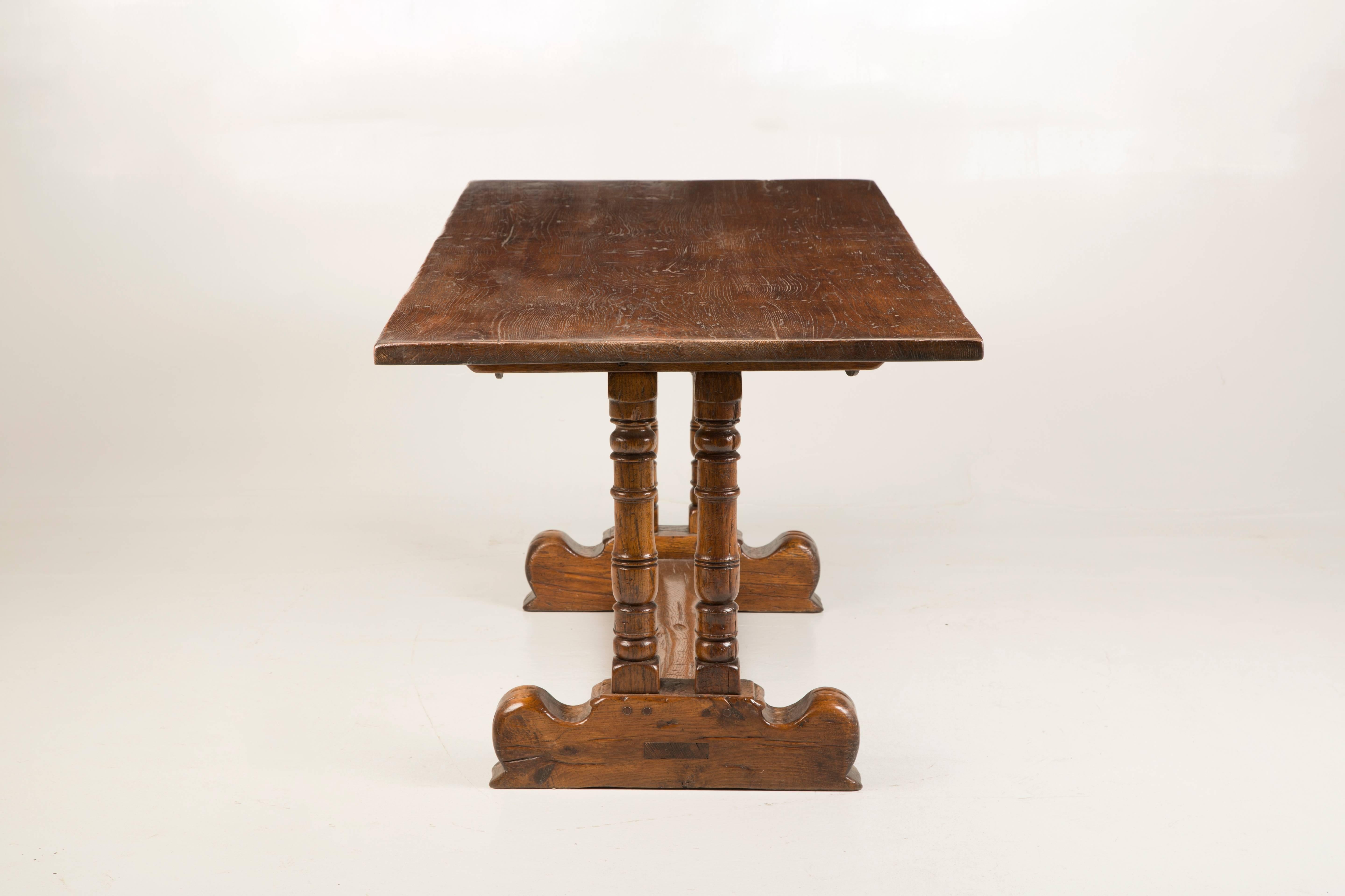 Antique French Trestle Dining Table in Solid Oak, circa 1700s 1