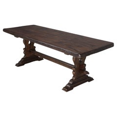 Antique French Trestle Table with 3-Board Top in White Oak circa 1800s 