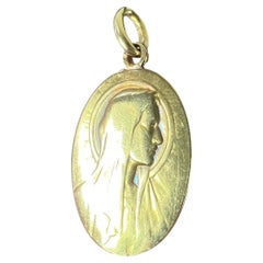Antique French Tricard Jungfrau Maria 18K Gelbgold religiöse Oval Medaille Anhänger