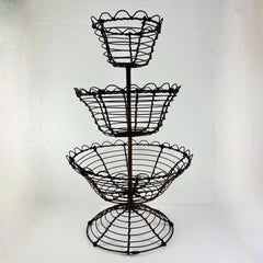 Antique French Triple Tier Handmade Twisted Black Wire Kitchen Basket