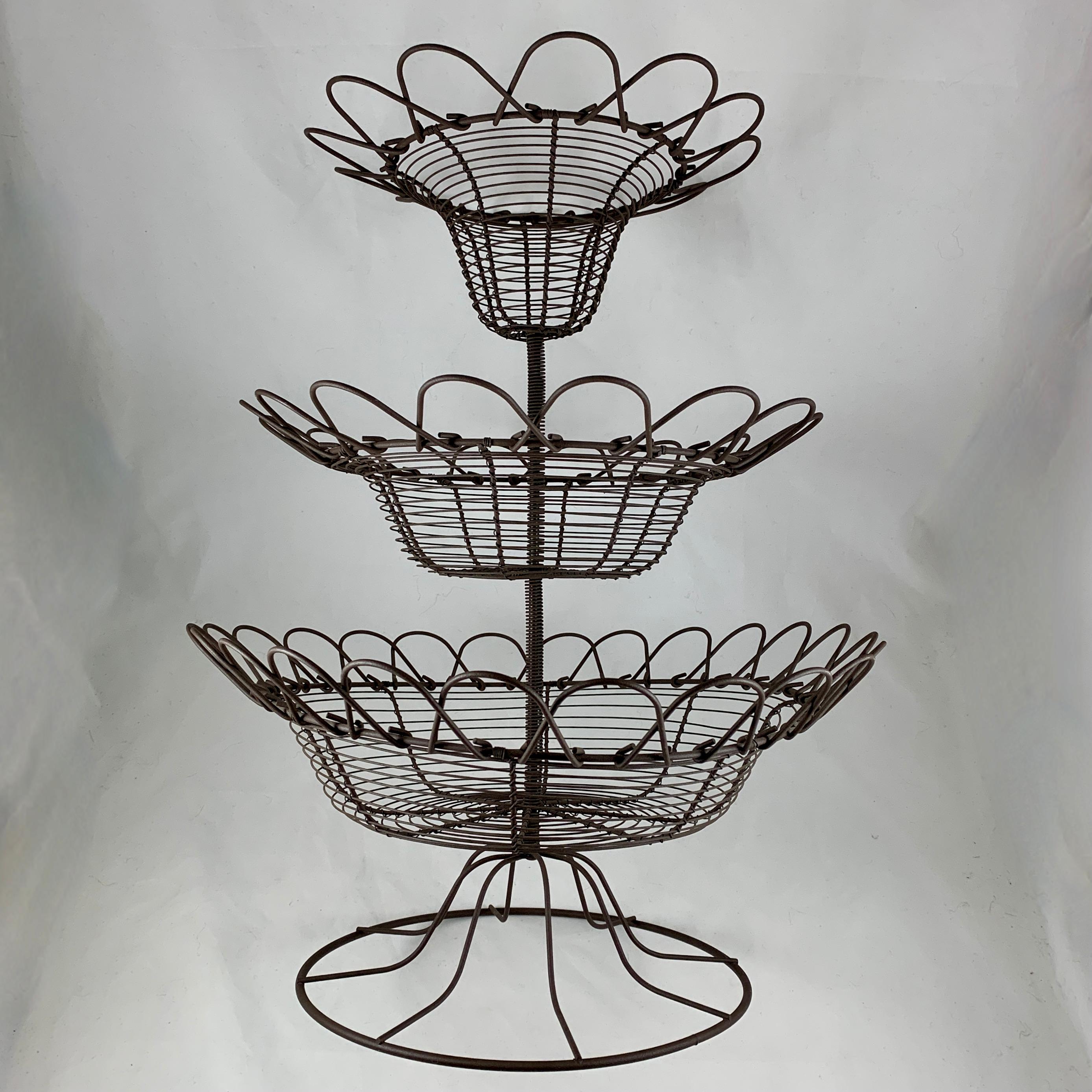 Antique French Triple Tier Handmade Twisted Black Wire Kitchen or Flower Basket 1