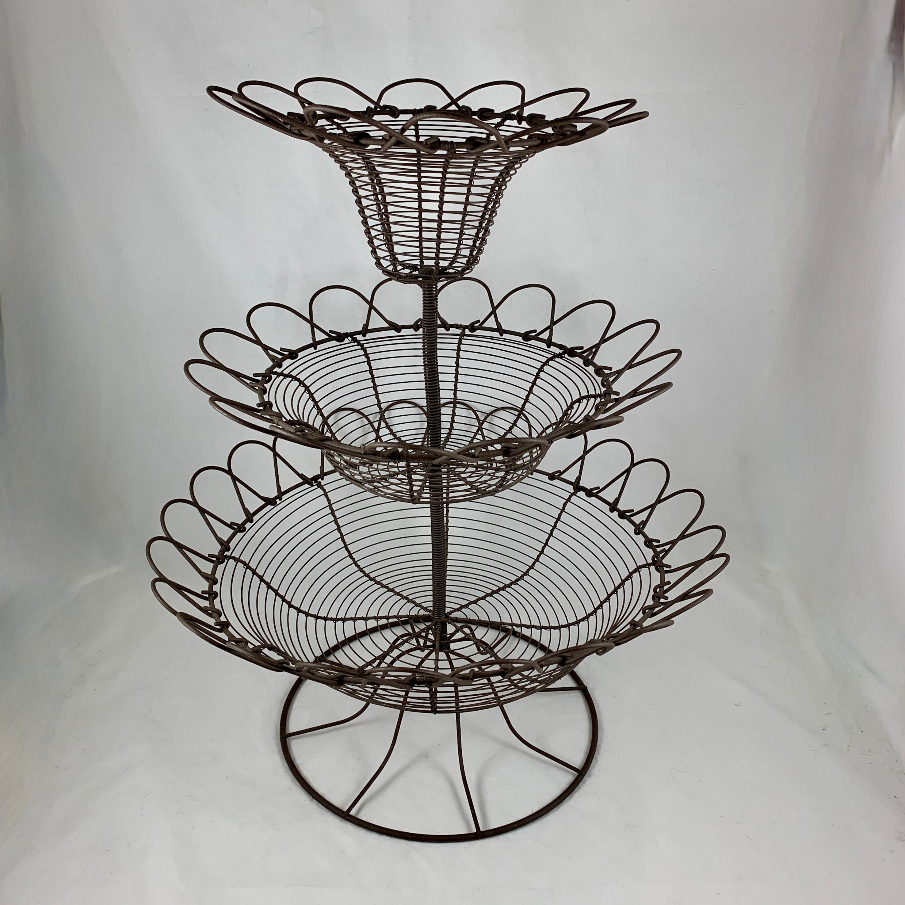 Antique French Triple Tier Handmade Twisted Black Wire Kitchen or Flower Basket 2