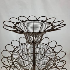 Antique French Triple Tier Handmade Twisted Black Wire Kitchen or Flower Basket