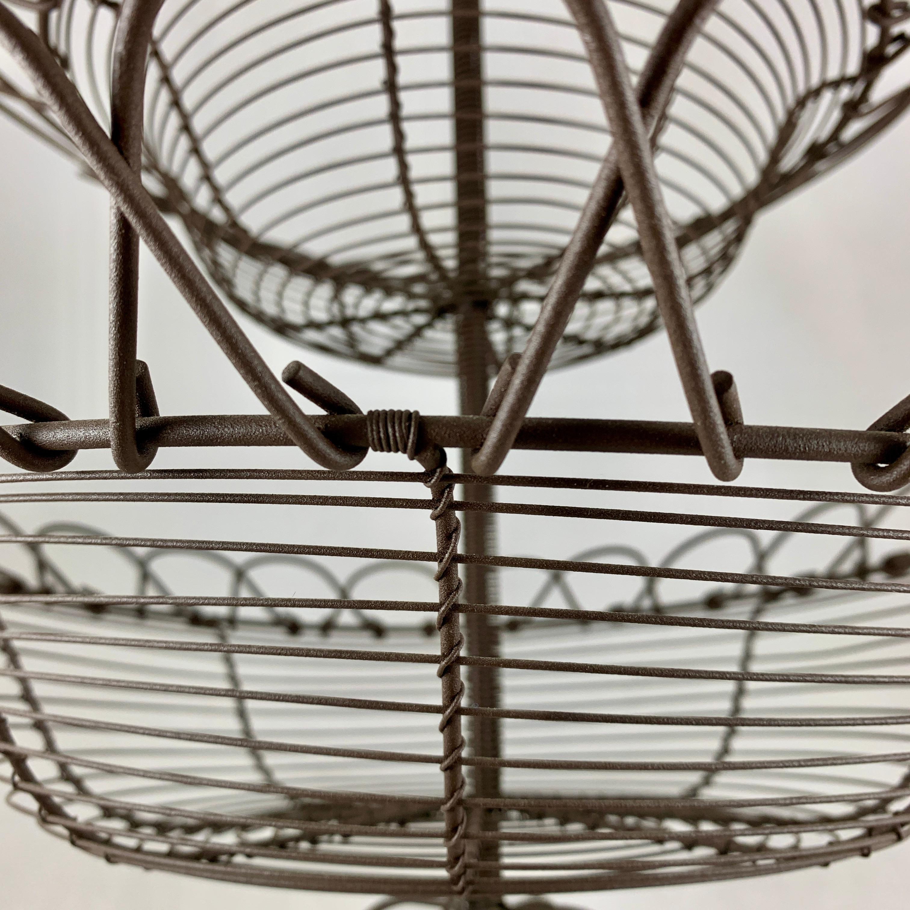 Antique French Triple Tier Handmade Twisted Black Wire Kitchen or Flower Basket In Good Condition In Philadelphia, PA