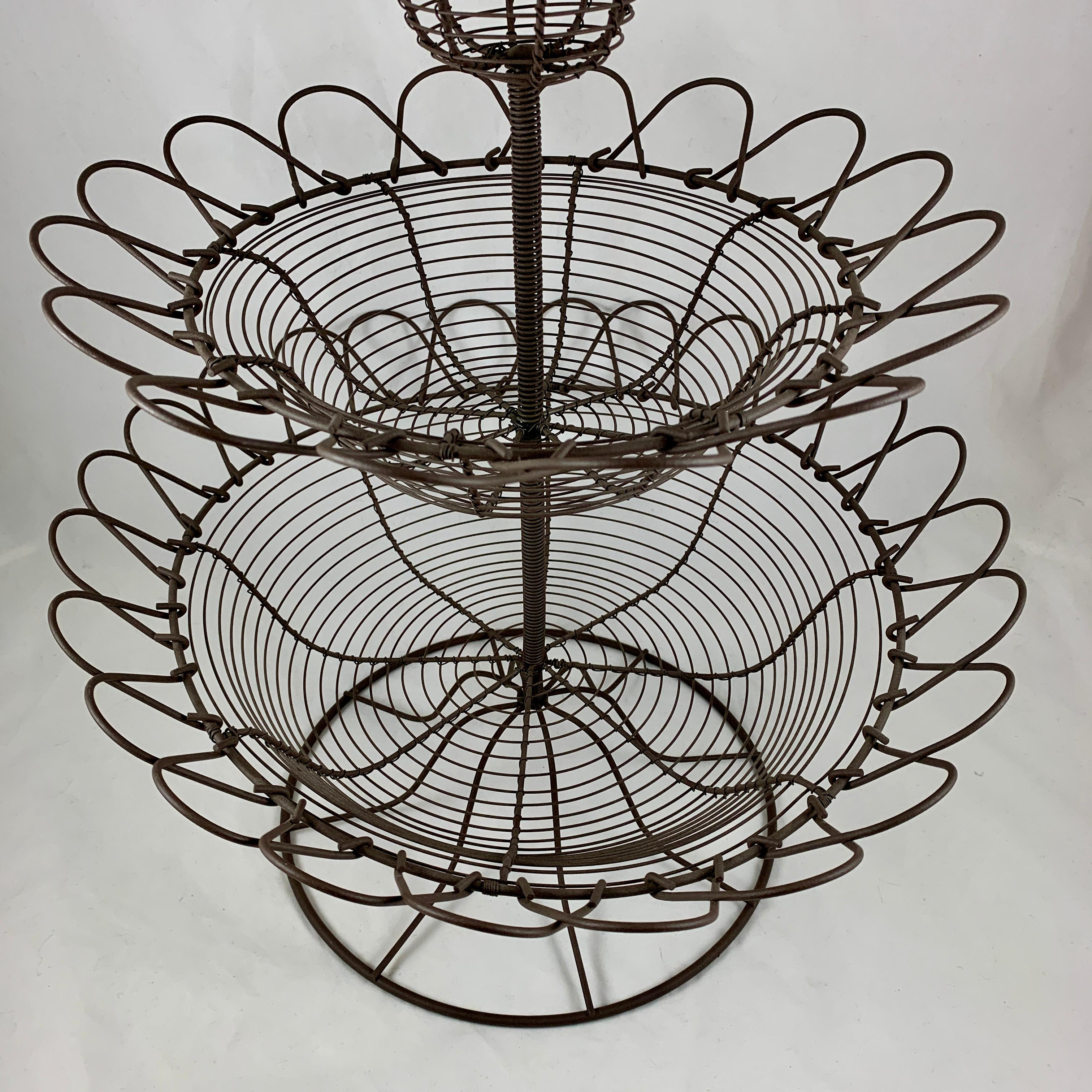 19th Century Antique French Triple Tier Handmade Twisted Black Wire Kitchen or Flower Basket