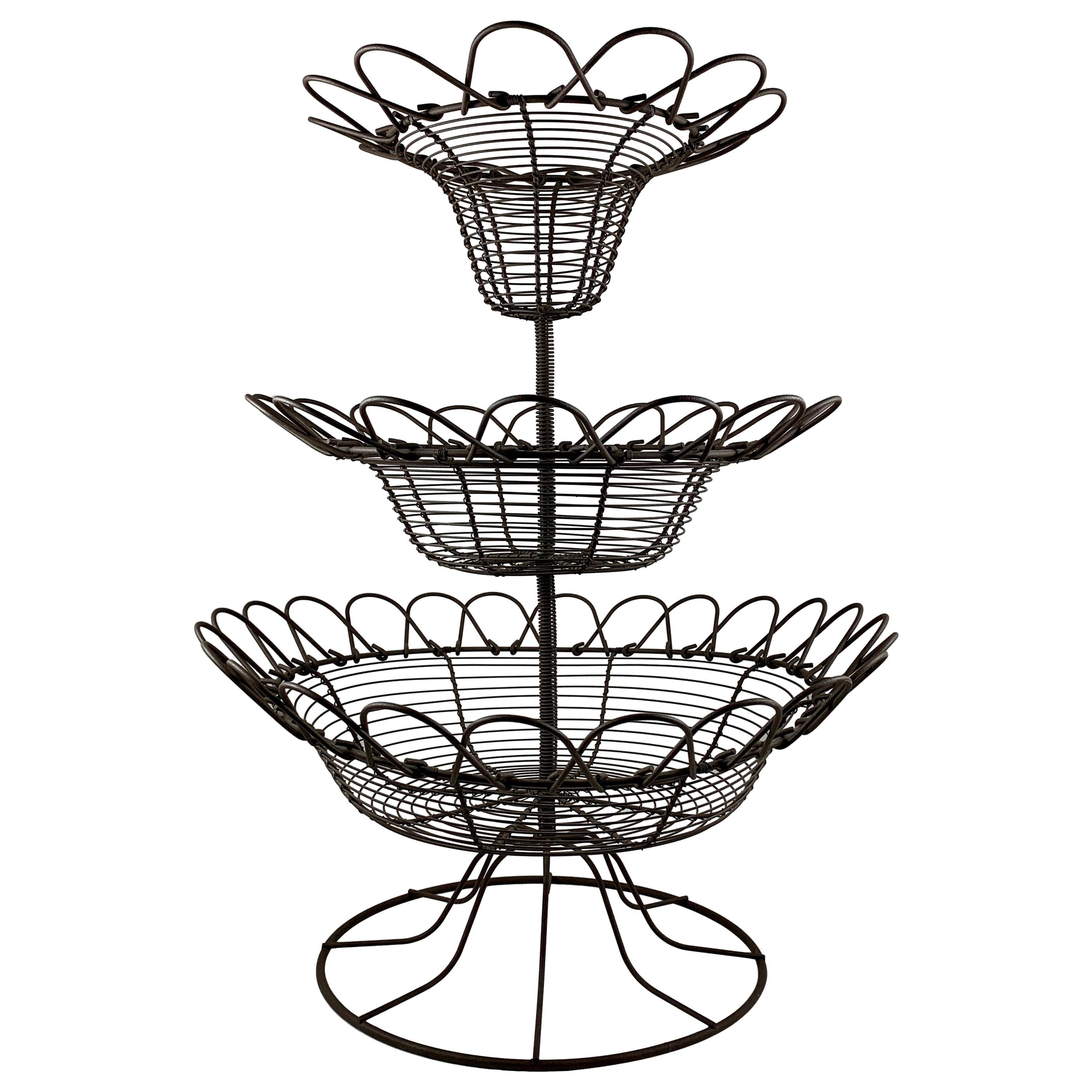 Antique French Triple Tier Handmade Twisted Black Wire Kitchen or Flower Basket