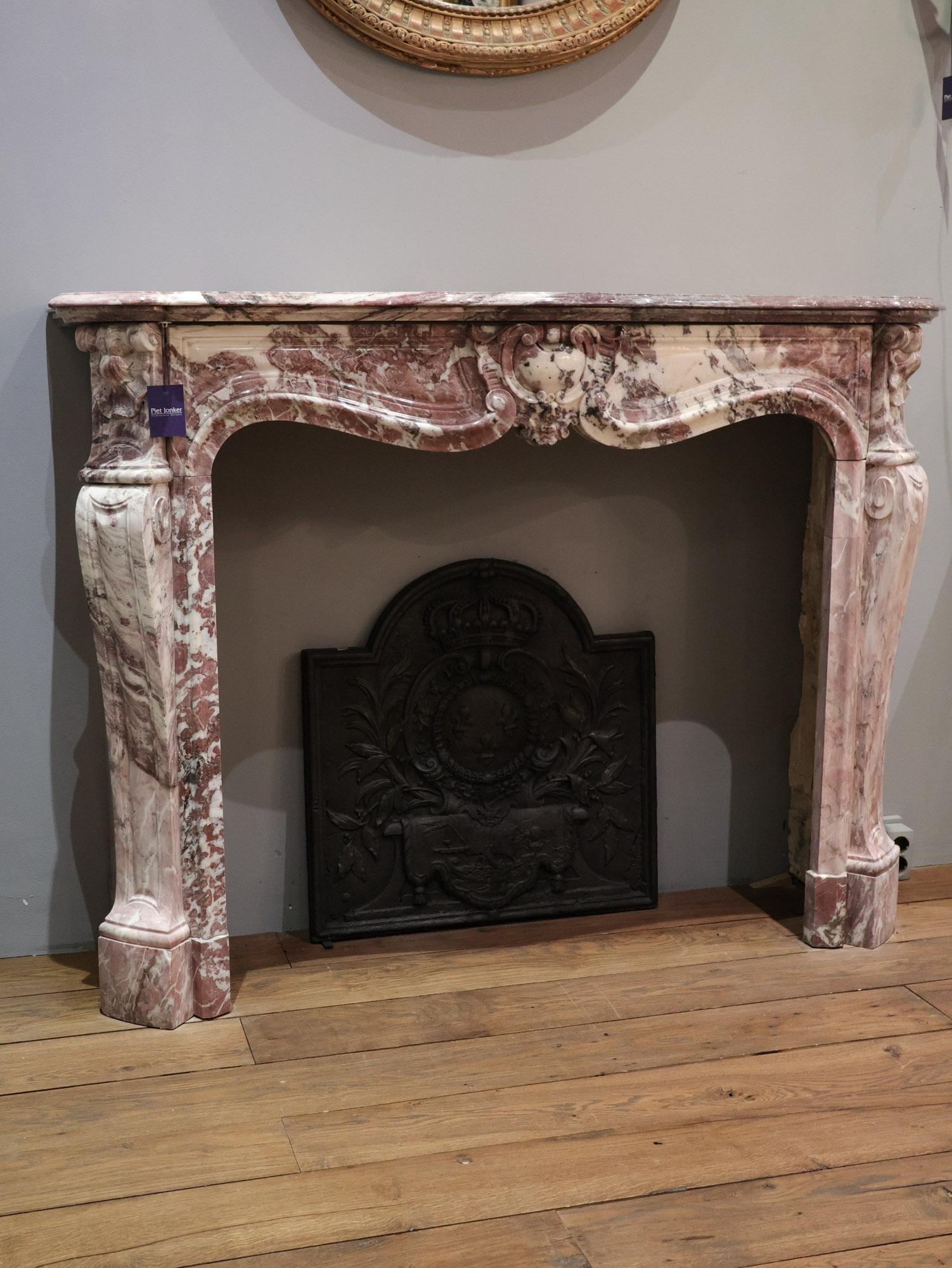 19th Century Antique French Trois Coquilles Fireplace in Violet, Pink and White marble For Sale