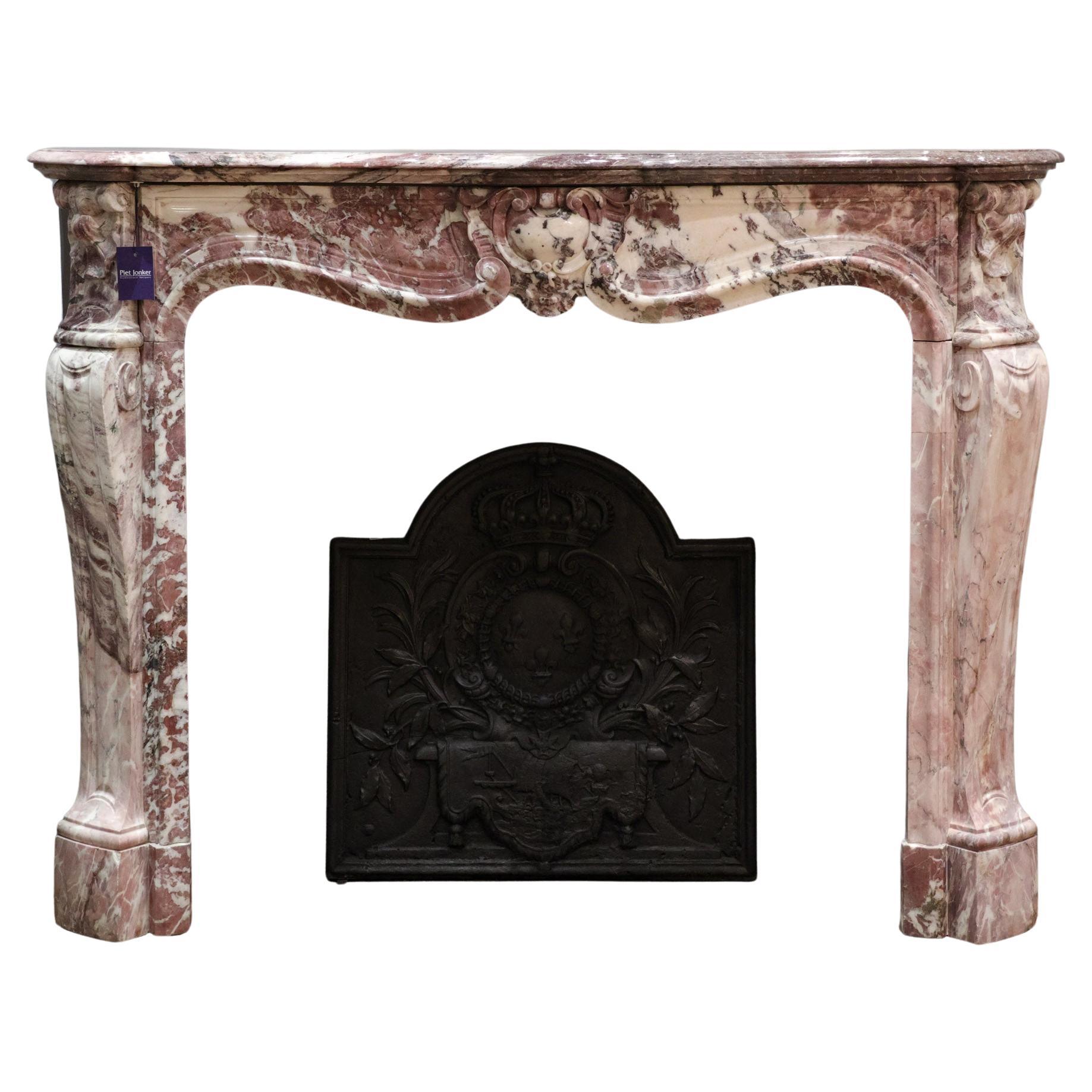 Antique French Trois Coquilles Fireplace in Violet, Pink and White marble