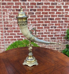 Antique French Trophy Drinking Horn Hunt Epergne Renaissance Brass Statue