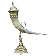 Antique French Trophy Drinking Horn Hunt Epergne Renaissance Brass Statue