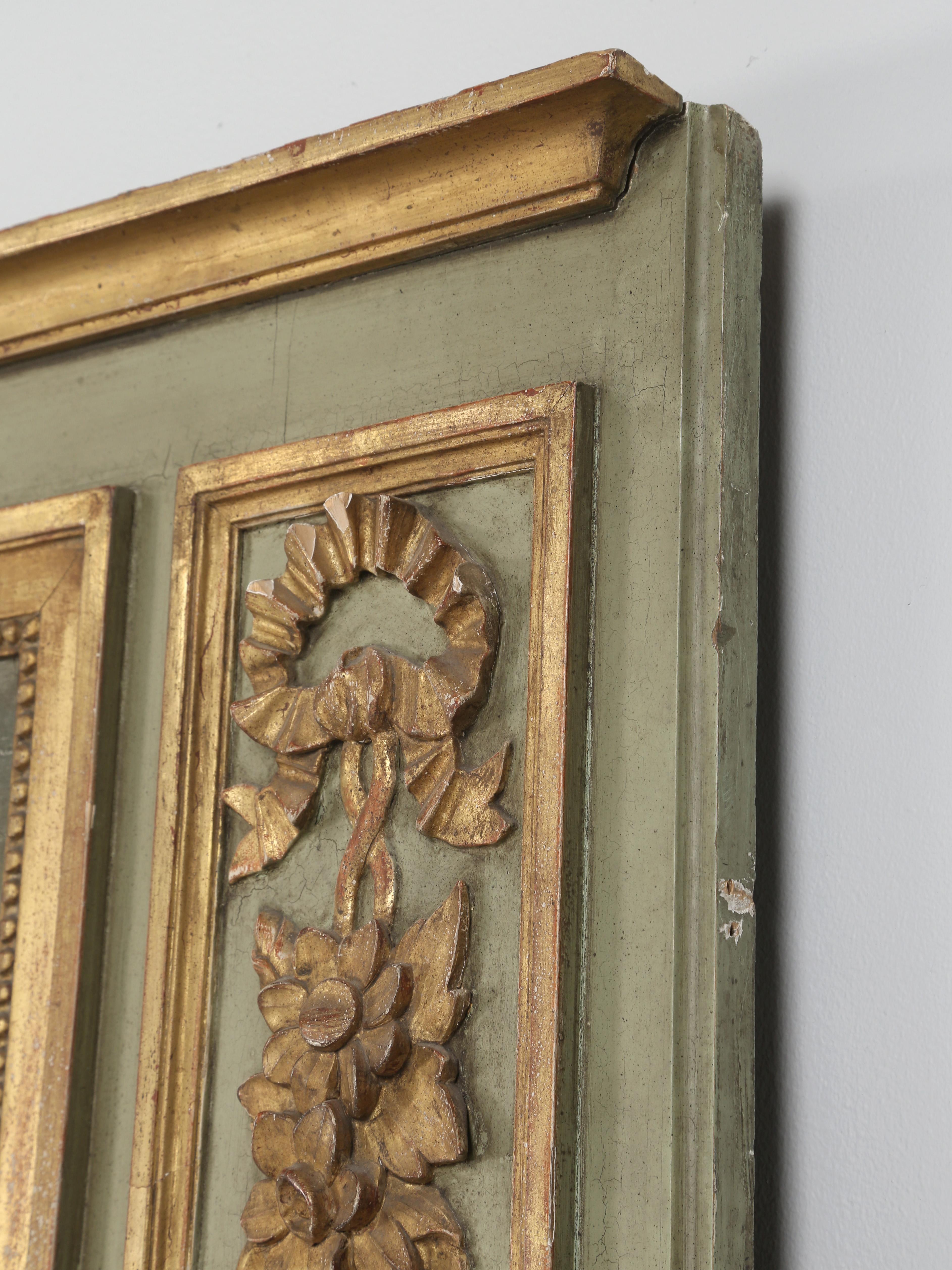 Hand-Carved Antique French Trumeau Mirror Original Paint and Gilding Unrestored Late 1800's For Sale
