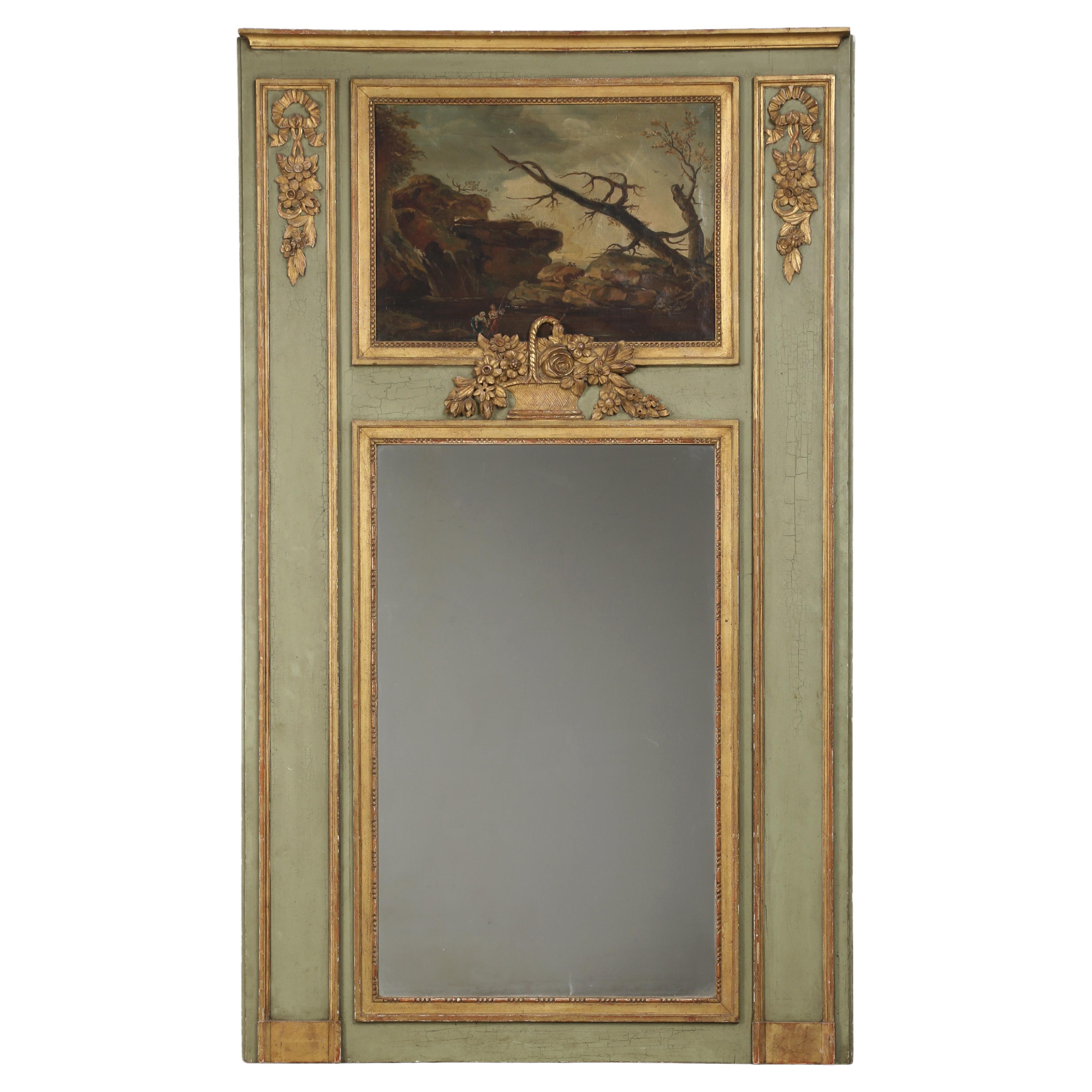 Antique French Trumeau Mirror Original Paint and Gilding Unrestored Late 1800's For Sale