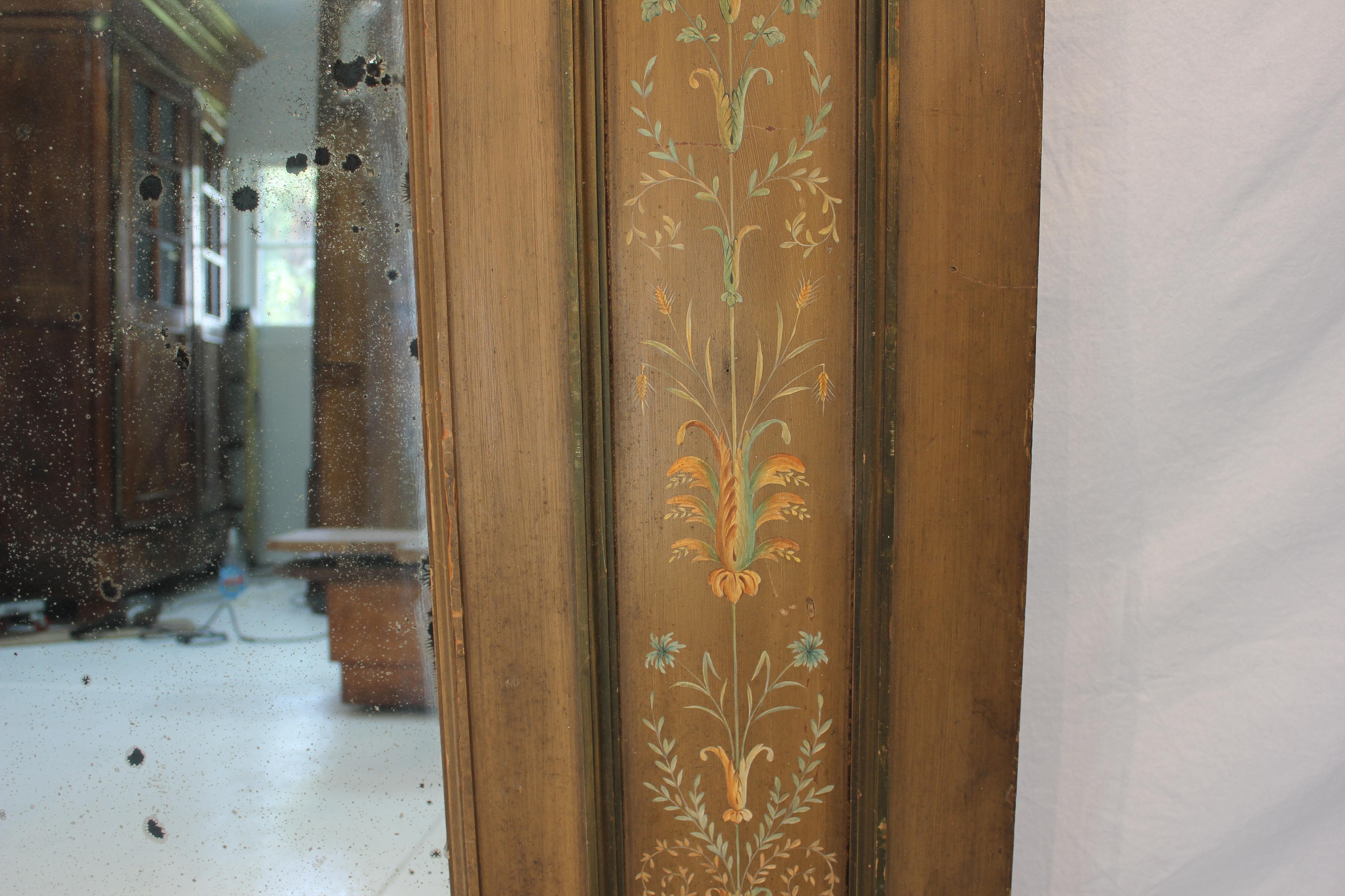 Hand-Crafted Antique French Trumeau Mirror With Hand Painted Florals Early - Mid 19th Century For Sale