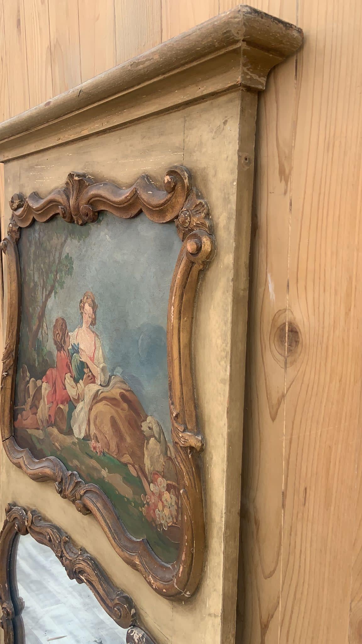 Provincial français Ancien miroir français Trumeau doré à la feuille avec toile peinte en vente