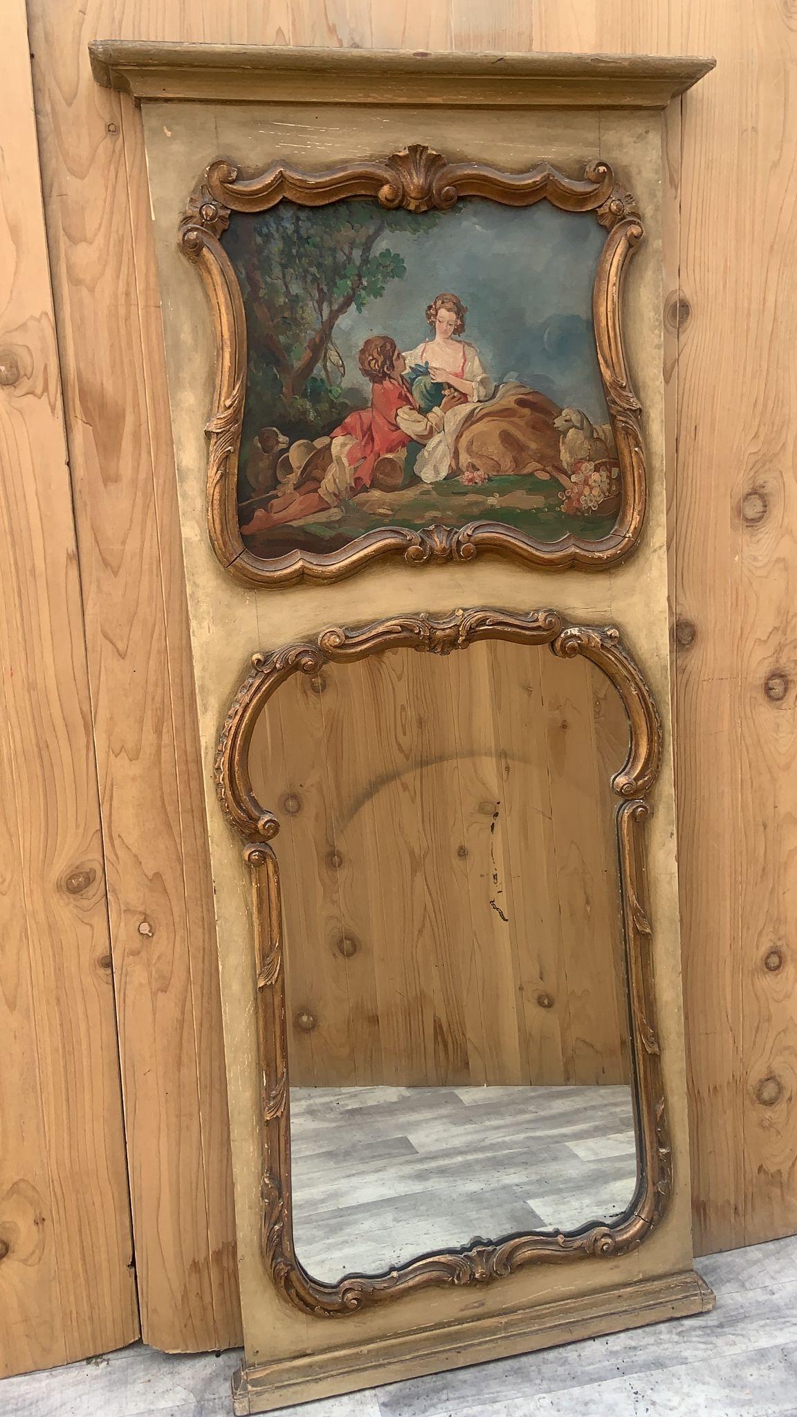 Wood Antique French Trumeau Parcel Gilt Mirror with Painted Canvas For Sale