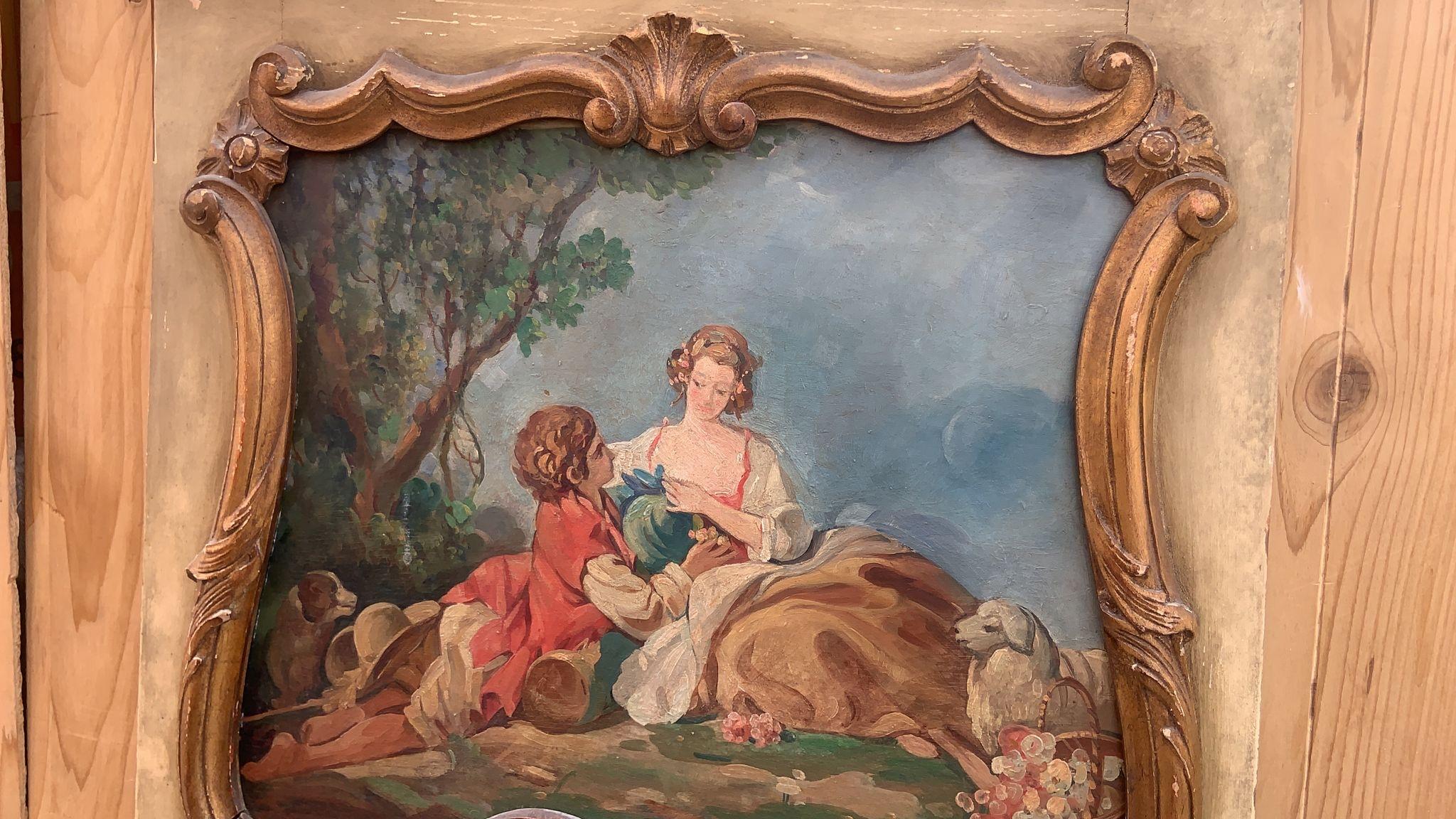 Ancien miroir français Trumeau doré à la feuille avec toile peinte Bon état - En vente à Chicago, IL