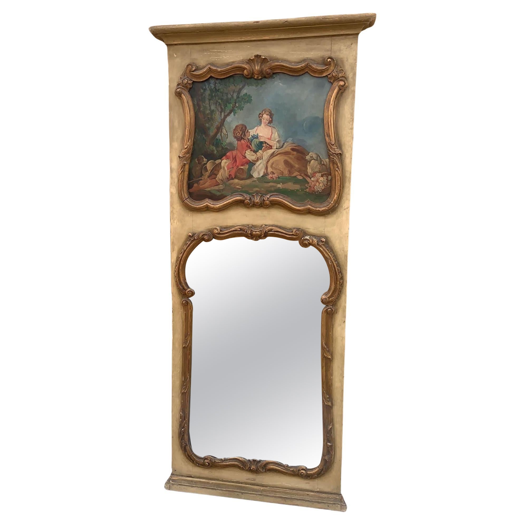 Antique French Trumeau Parcel Gilt Mirror with Painted Canvas