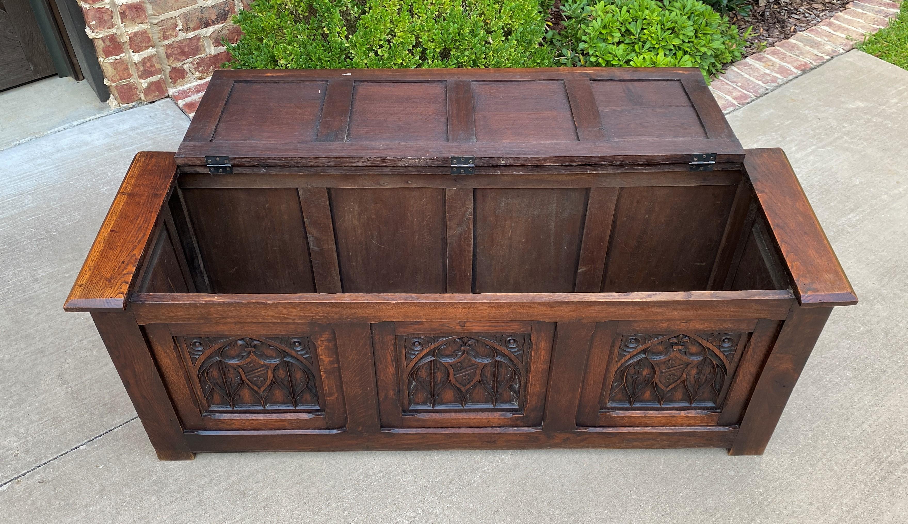 Antique French Trunk Blanket Box Coffee Table Chest Oak Gothic Shields, c.1920s 4