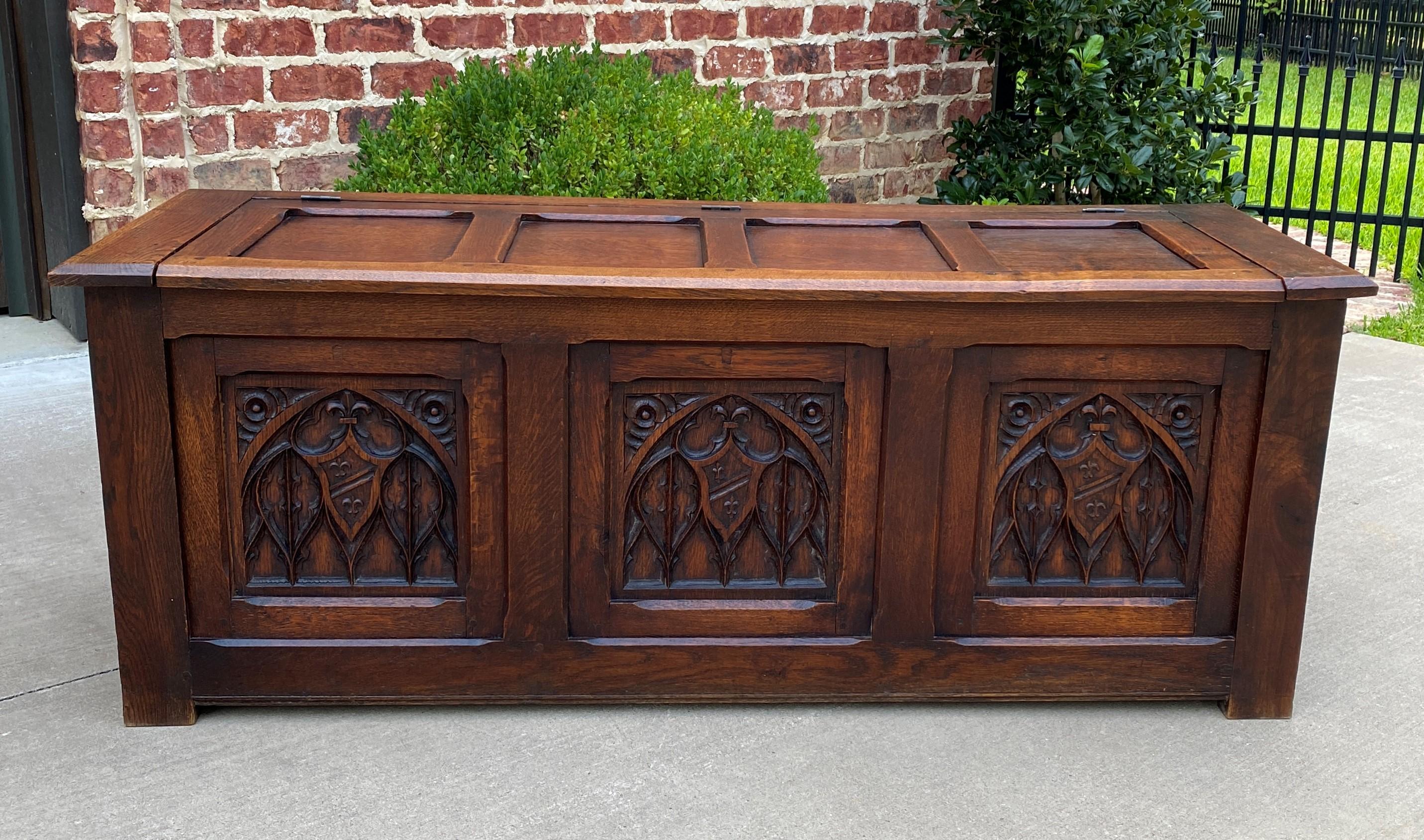 Antique French Trunk Blanket Box Coffee Table Chest Oak Gothic Shields, c.1920s 5