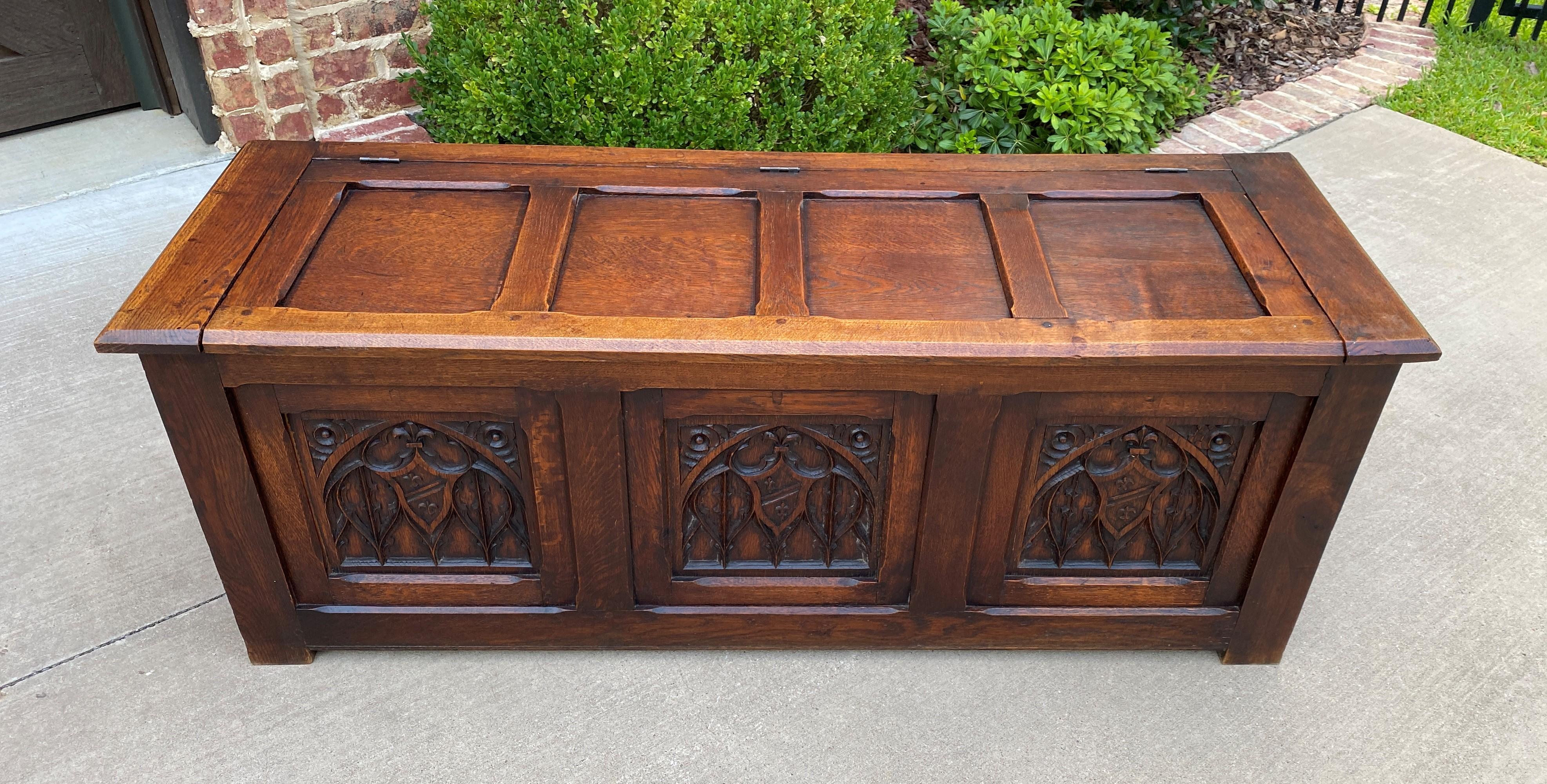 Gothic Revival Antique French Trunk Blanket Box Coffee Table Chest Oak Gothic Shields, c.1920s