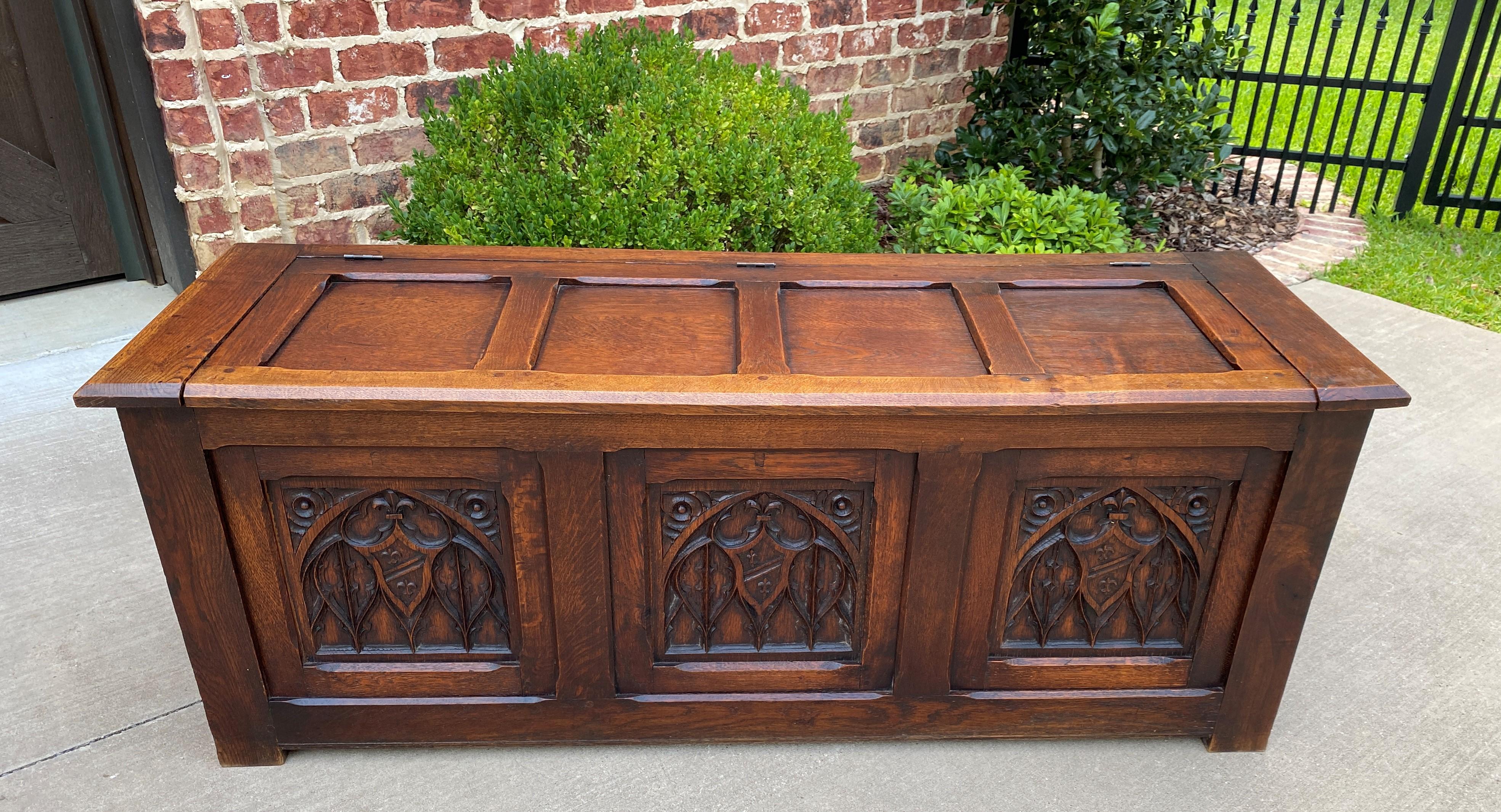 Antique French Trunk Blanket Box Coffee Table Chest Oak Gothic Shields, c.1920s 2