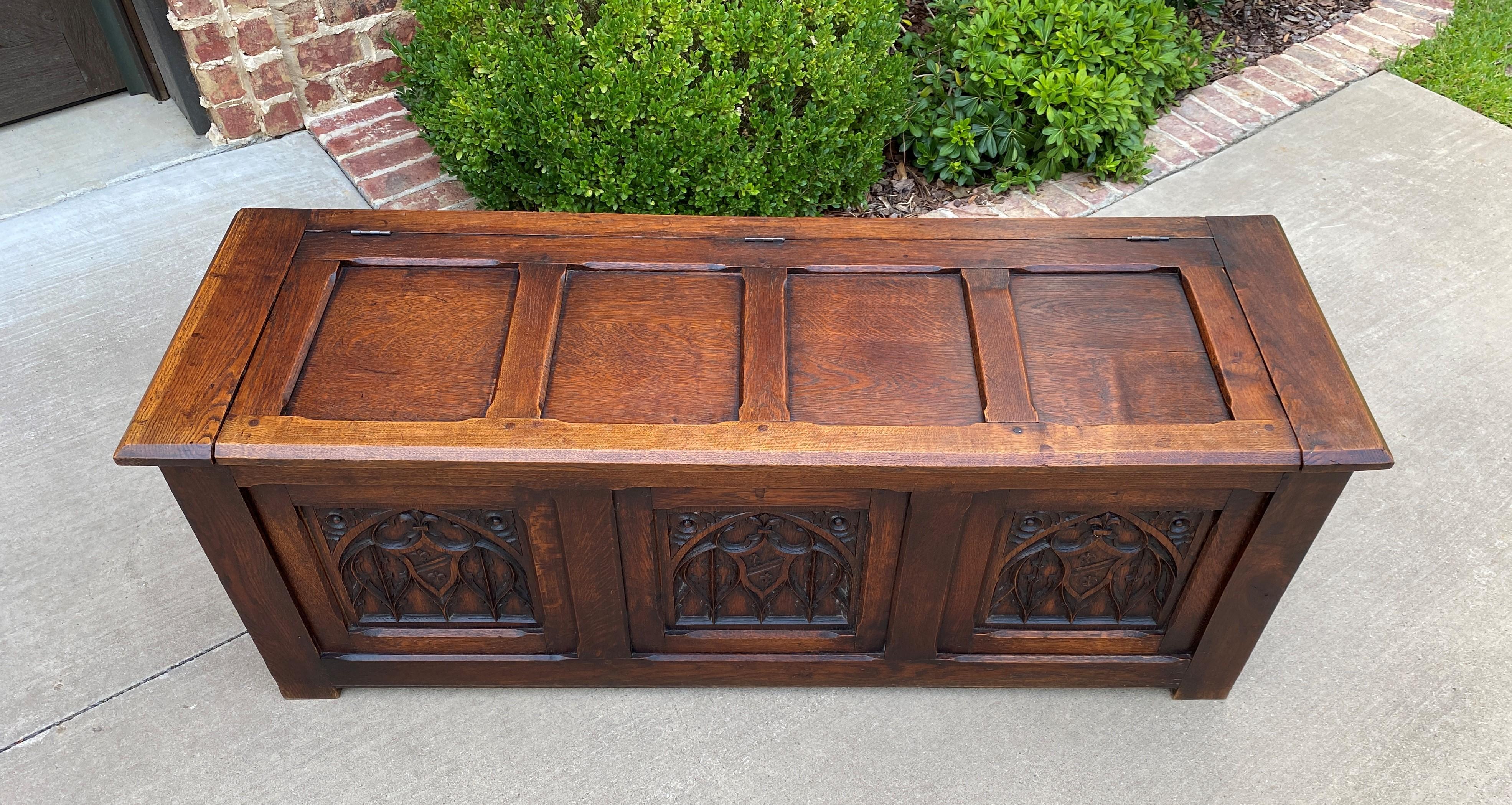 Antique French Trunk Blanket Box Coffee Table Chest Oak Gothic Shields, c.1920s 3