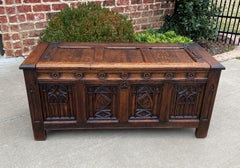 Antique French Trunk Blanket Box Coffee Table Oak Gothic Revival Strap Hinges