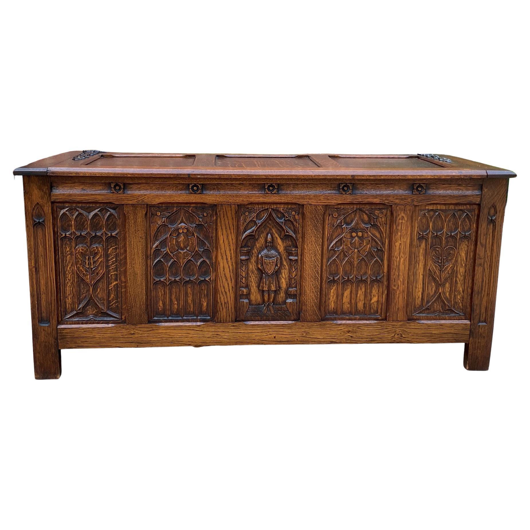 Antique French Trunk Blanket Box Coffee Table Oak Gothic Revival Strap Hinges