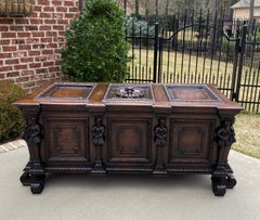 Antique French Trunk Blanket Box Coffer Chest Oak Storage Large Lions 18th C.