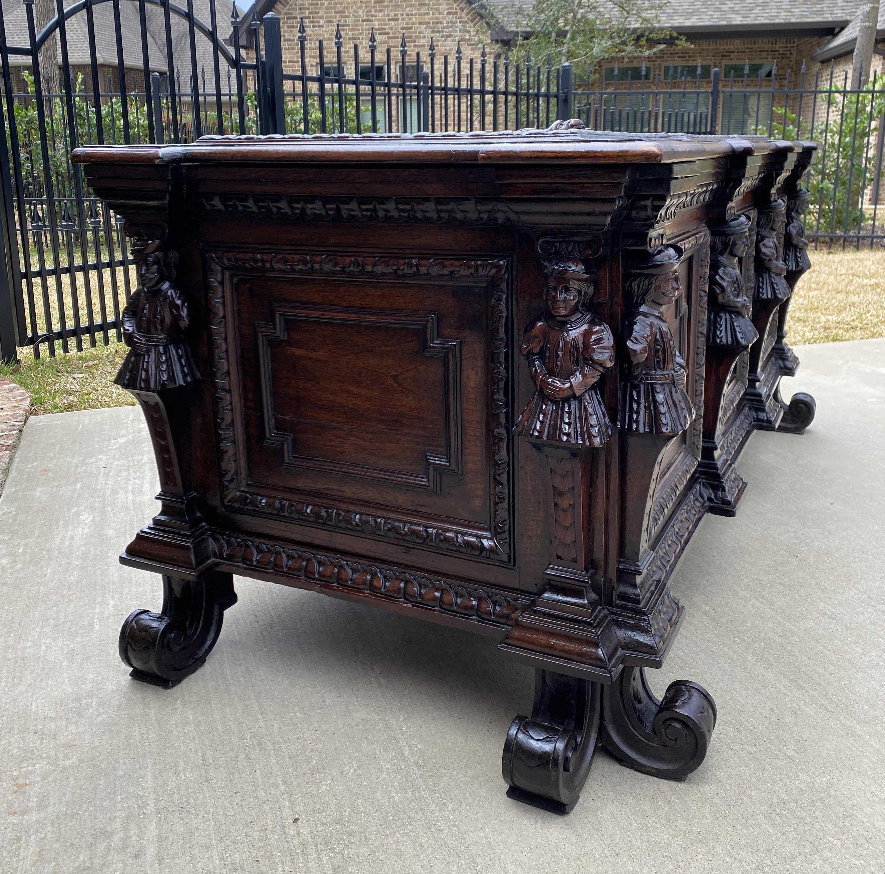 Gothic Revival Antique French Trunk Blanket Box Coffer Chest Oak Storage Large Lions 18th C.