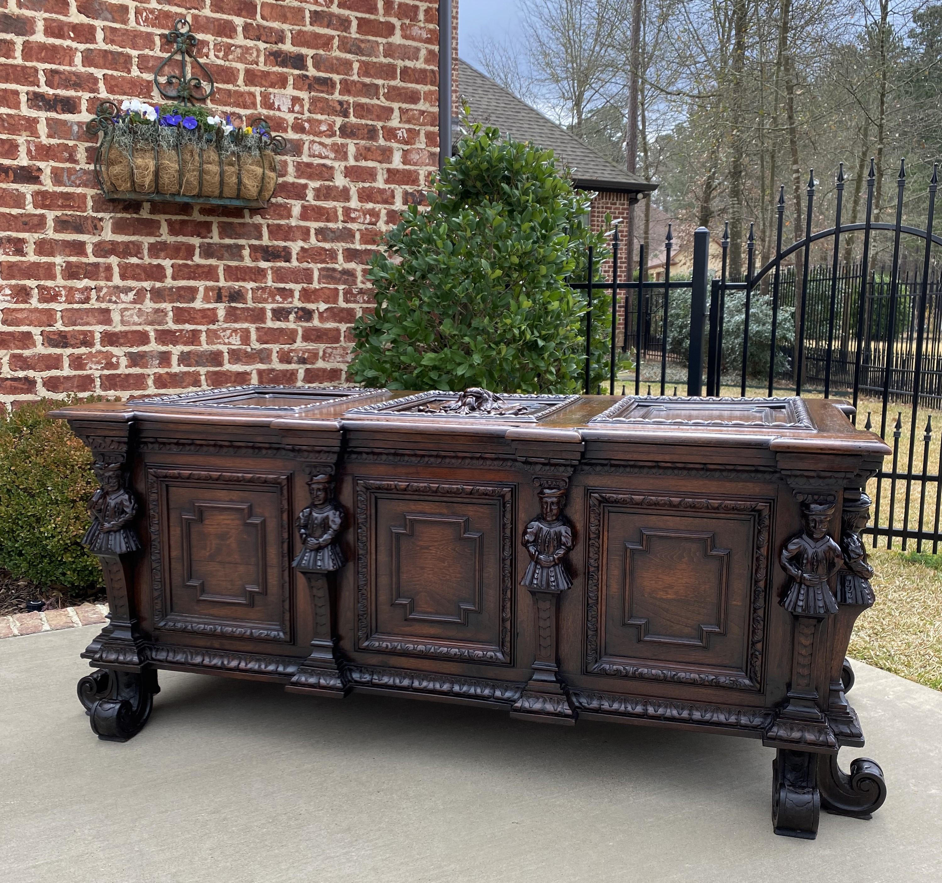 Carved Antique French Trunk Blanket Box Coffer Chest Oak Storage Large Lions 18th C.