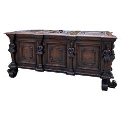 Antique French Trunk Blanket Box Coffer Chest Oak Storage Large Lions 18th C.
